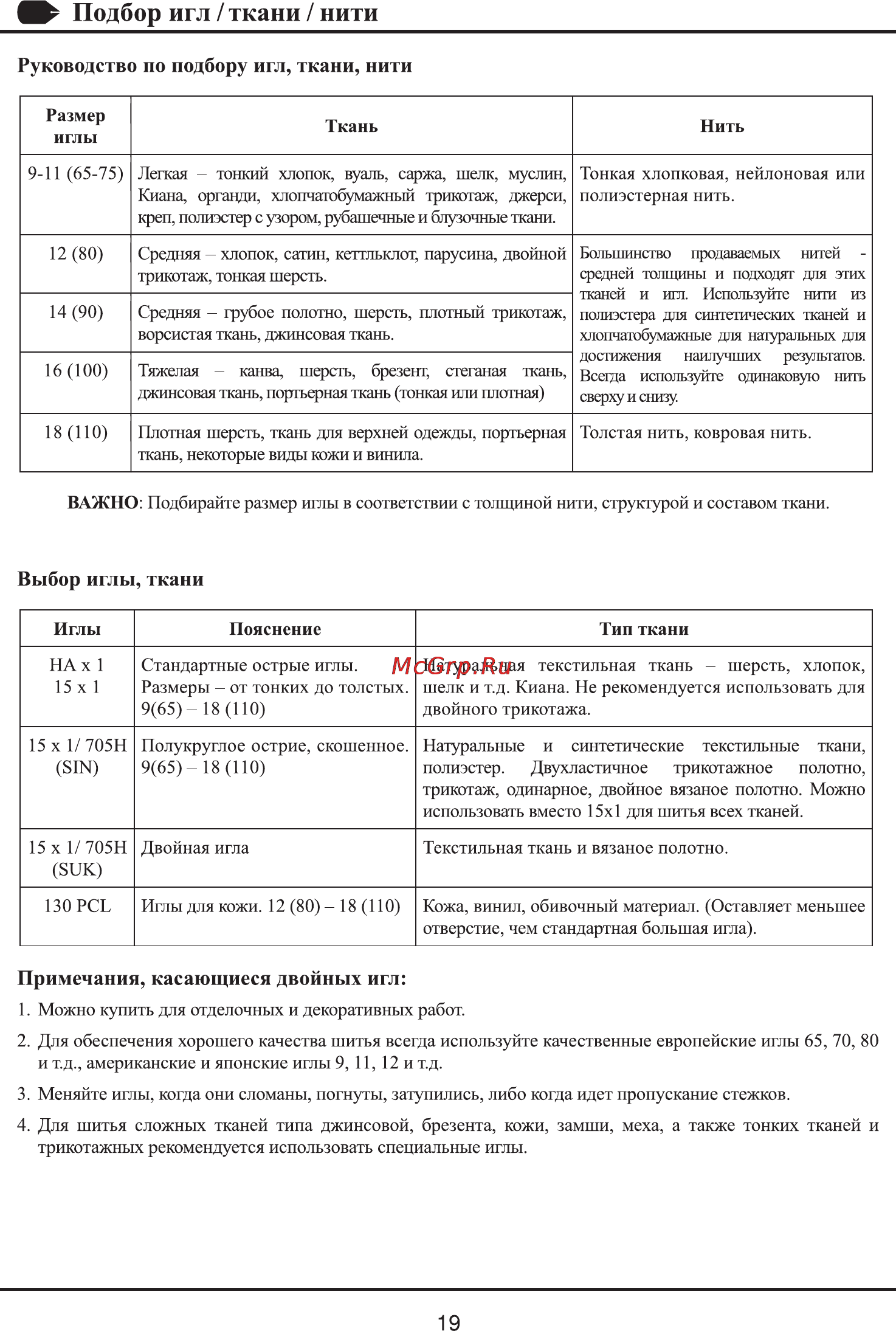Astralux 2216 [22/51] Подбор игл ткани нити