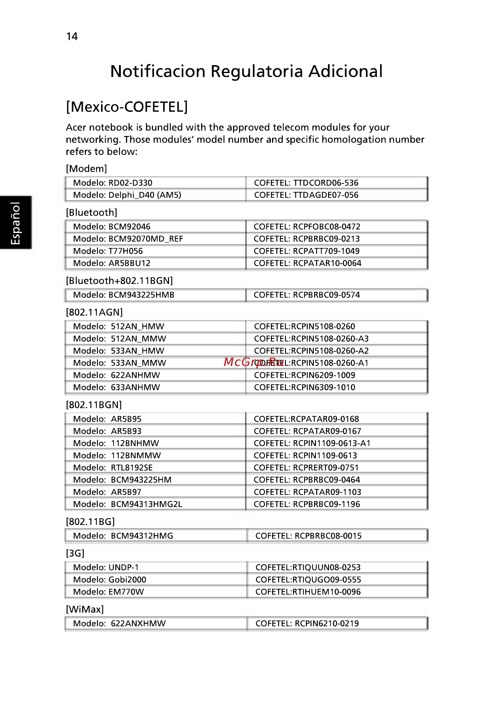 Acer 5750G-2314G50Mnkk [56/320] Notificación regulatoria adicional