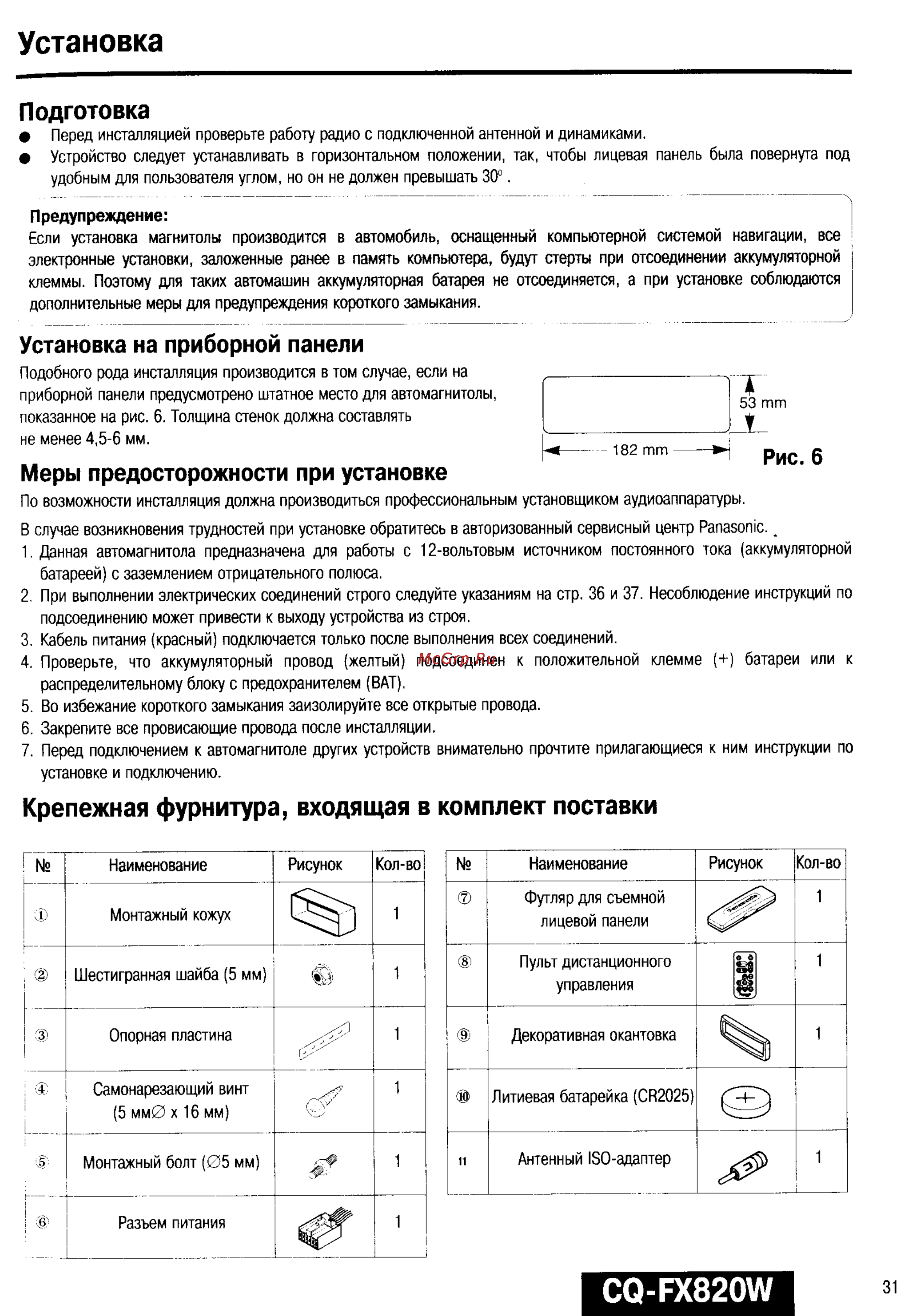 Panasonic CQ-FX820W [30/38] Крепежная фурнитура входящая в комплект поставки