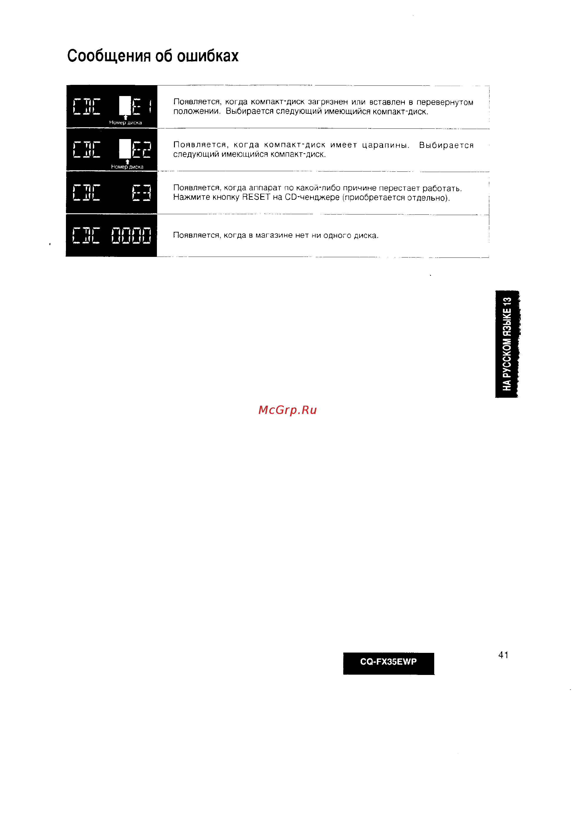 Panasonic CQ-FX35EWP [13/24] Сообщения об ошибках