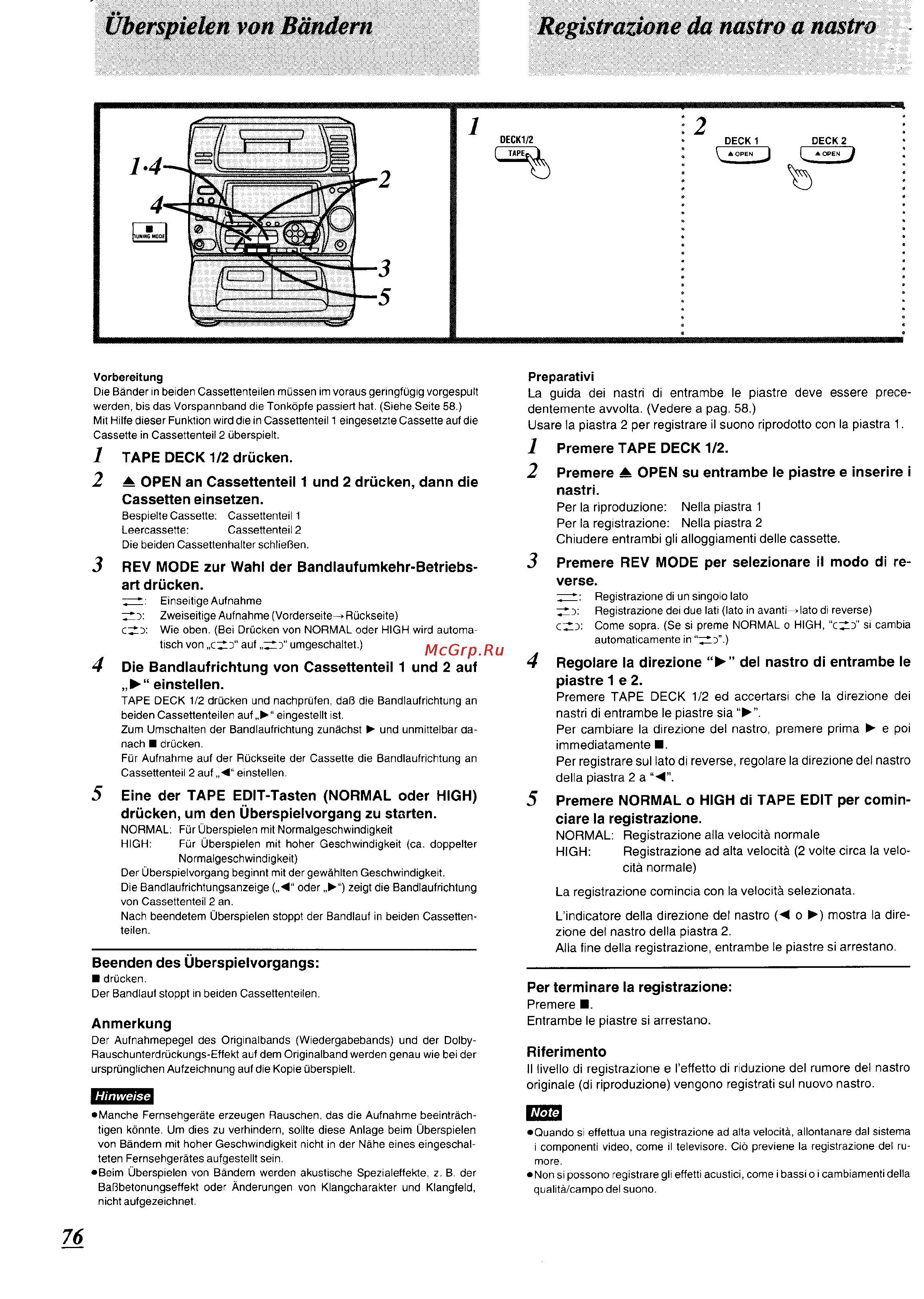 Panasonic SC-CH74 [71/103] Überspielen von bändern registrazione da nastro a nastro