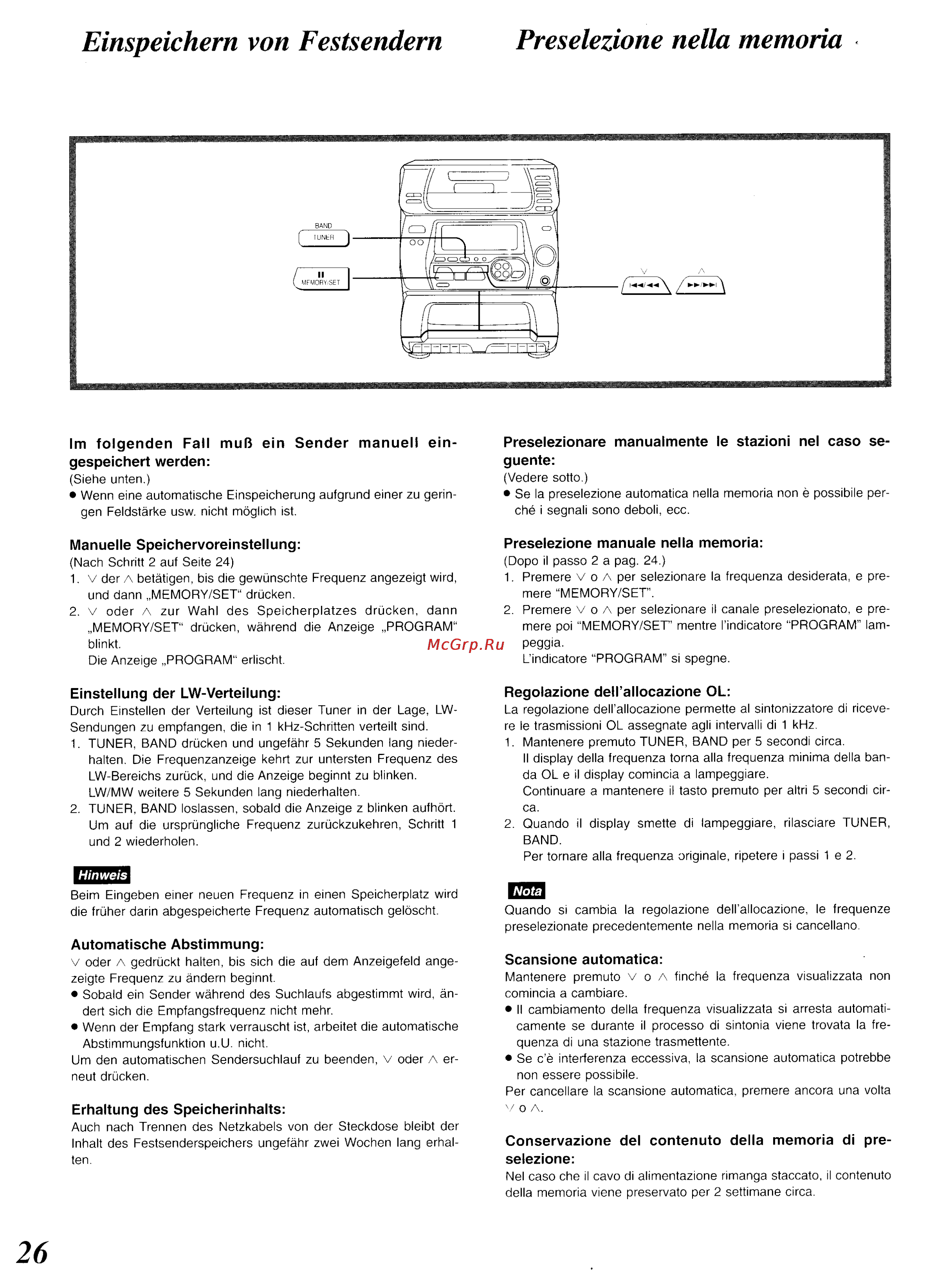 Panasonic SC-CH34 [22/82] Einspeichern von festsendern preselezione nella memoria
