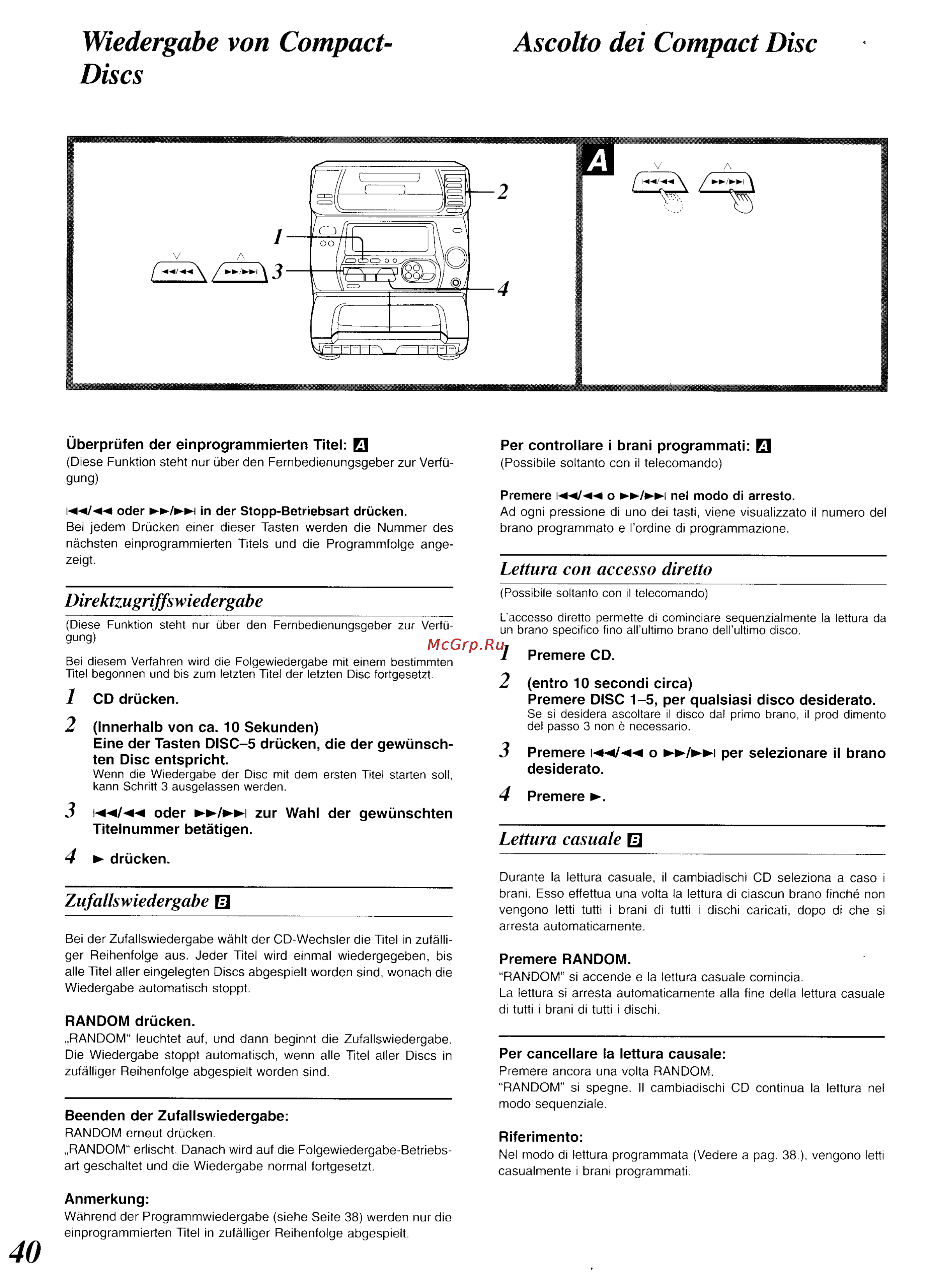 Panasonic SC-CH34 [36/82] Wiedergabe von compact ascolto dei compact disc