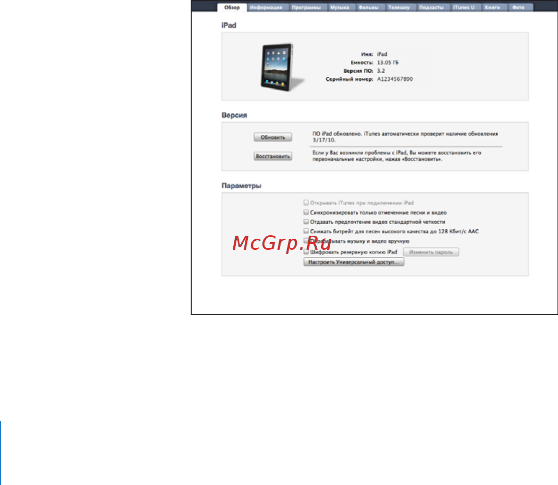 Apple 3G iPad MС496RS/A 32Gb [34/169] Панели настройки ipad в itunes