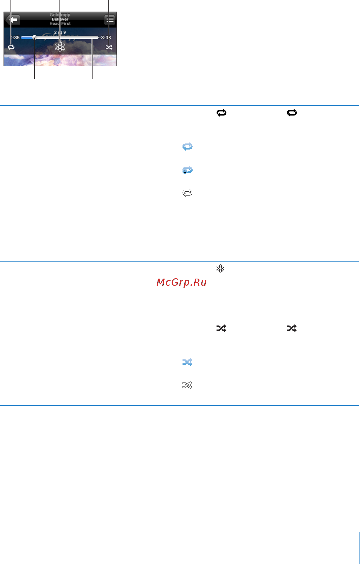 Apple MC547RP/A 64Gb [65/249] Полоса прокрутки позволяет перейти к любой точке временной шкалы можно отрегулировать скорость перехода от высокоскоростной до точной перемотки перемещая палец вниз во время перетаскивания бегунка по полосе прокрутки