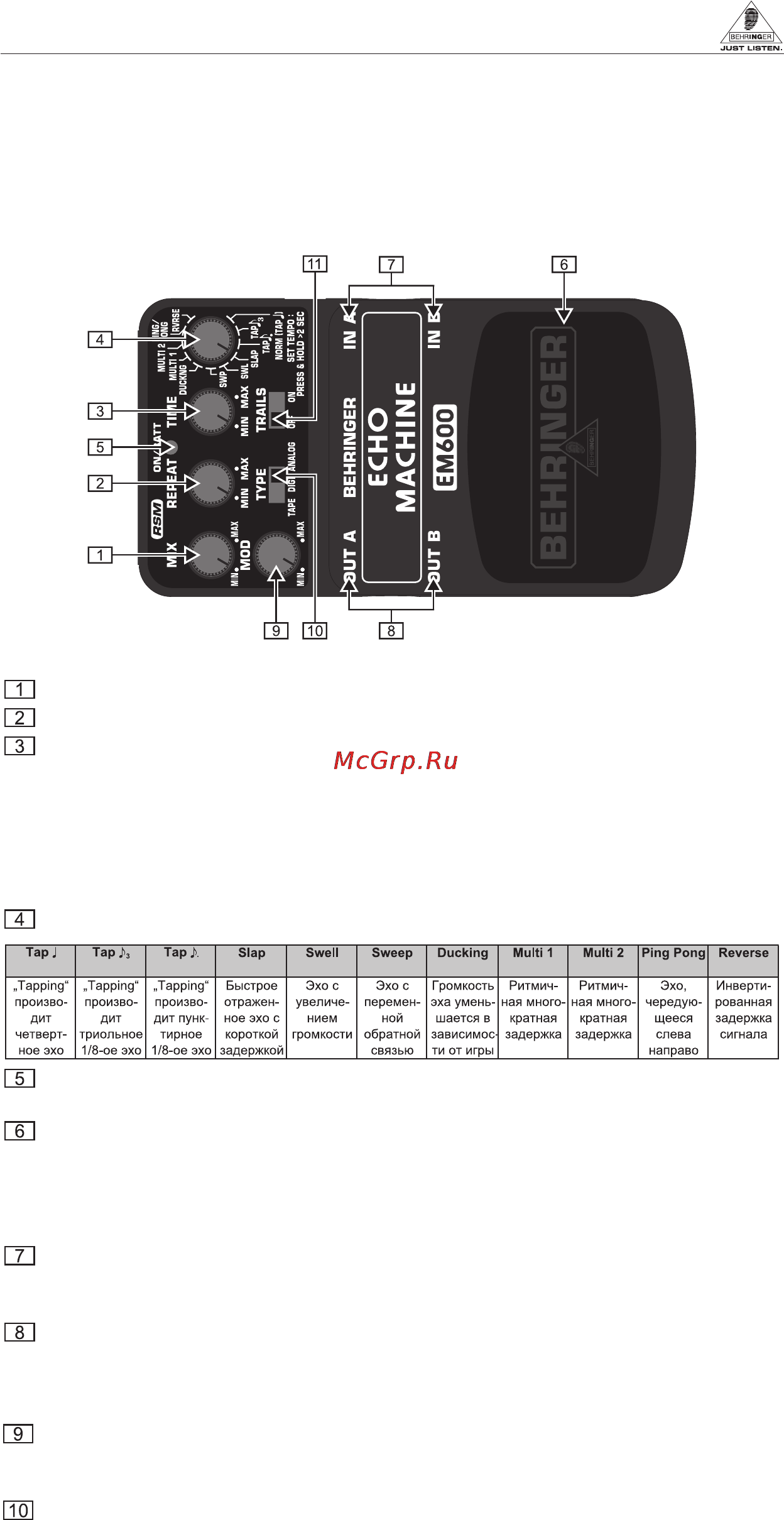 Behringer EM600 ECHO MACHINE Инструкция по эксплуатации онлайн