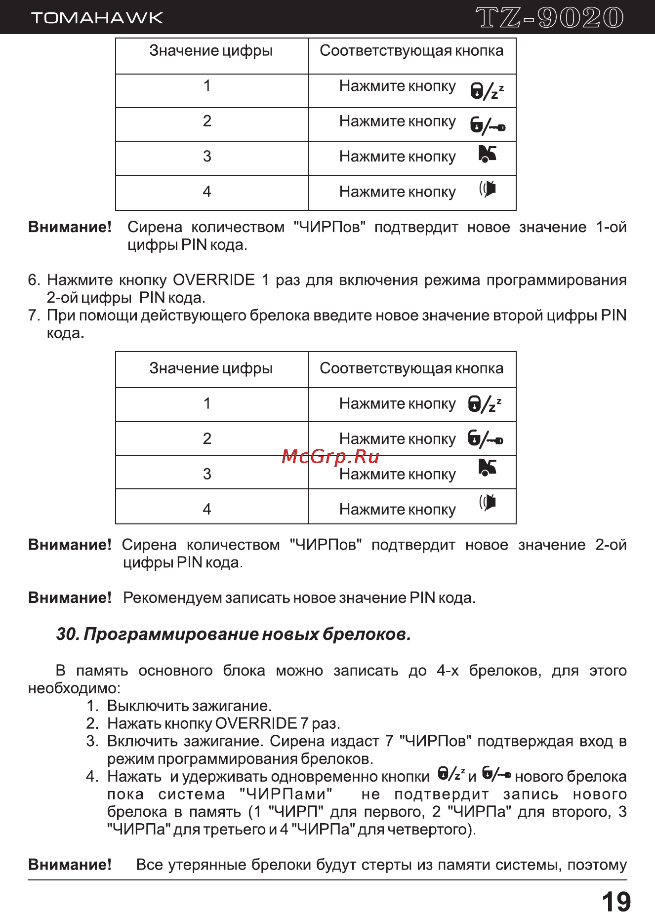 Tomahawk TZ-9020 [19/39] Программирование новых брелоков