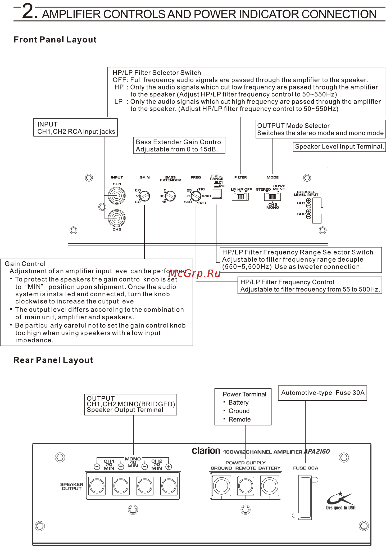 Clarion APA2160 [2/8] Amplifier controlsand power indicator connection