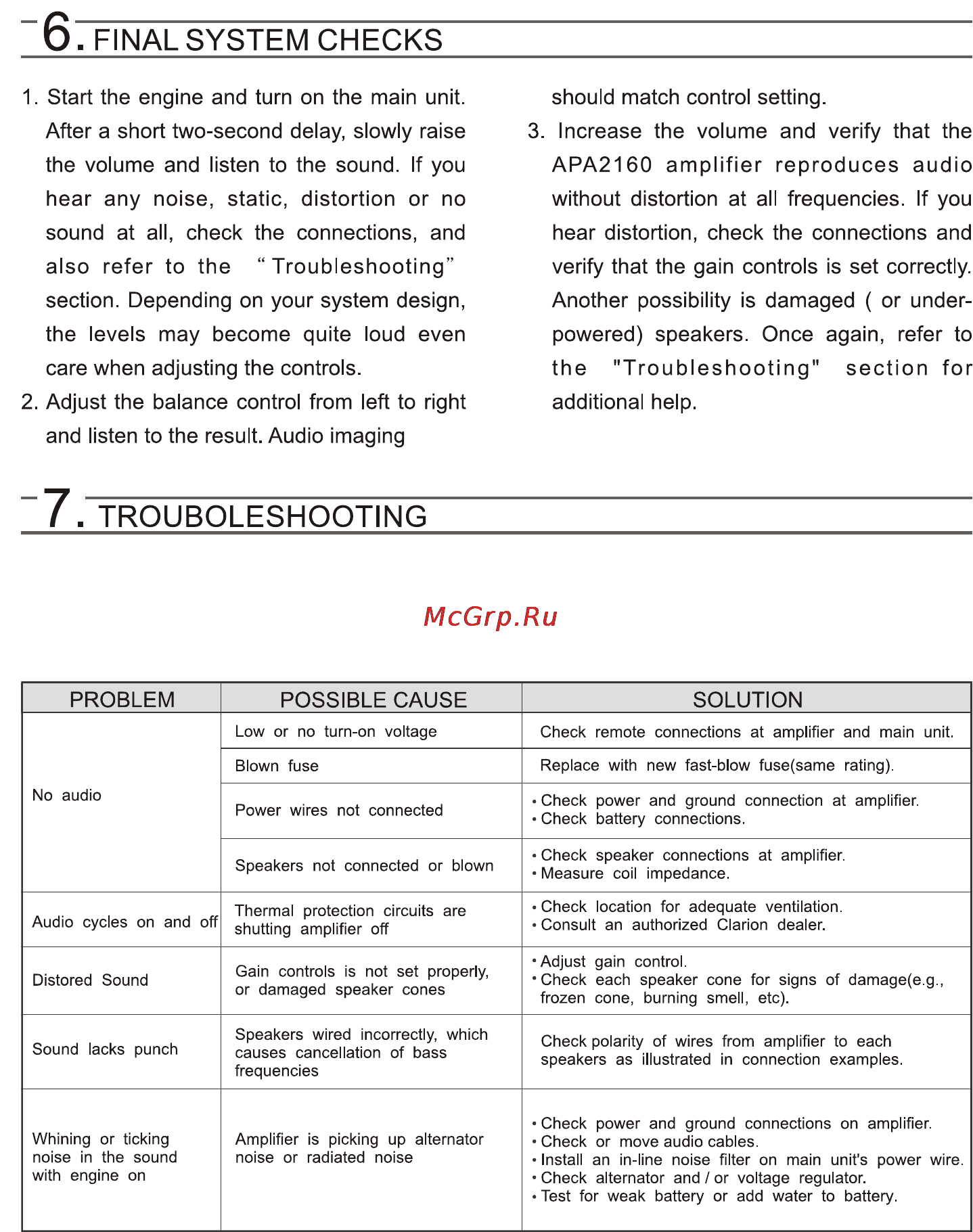 Clarion APA2160 [7/8] Final system checks