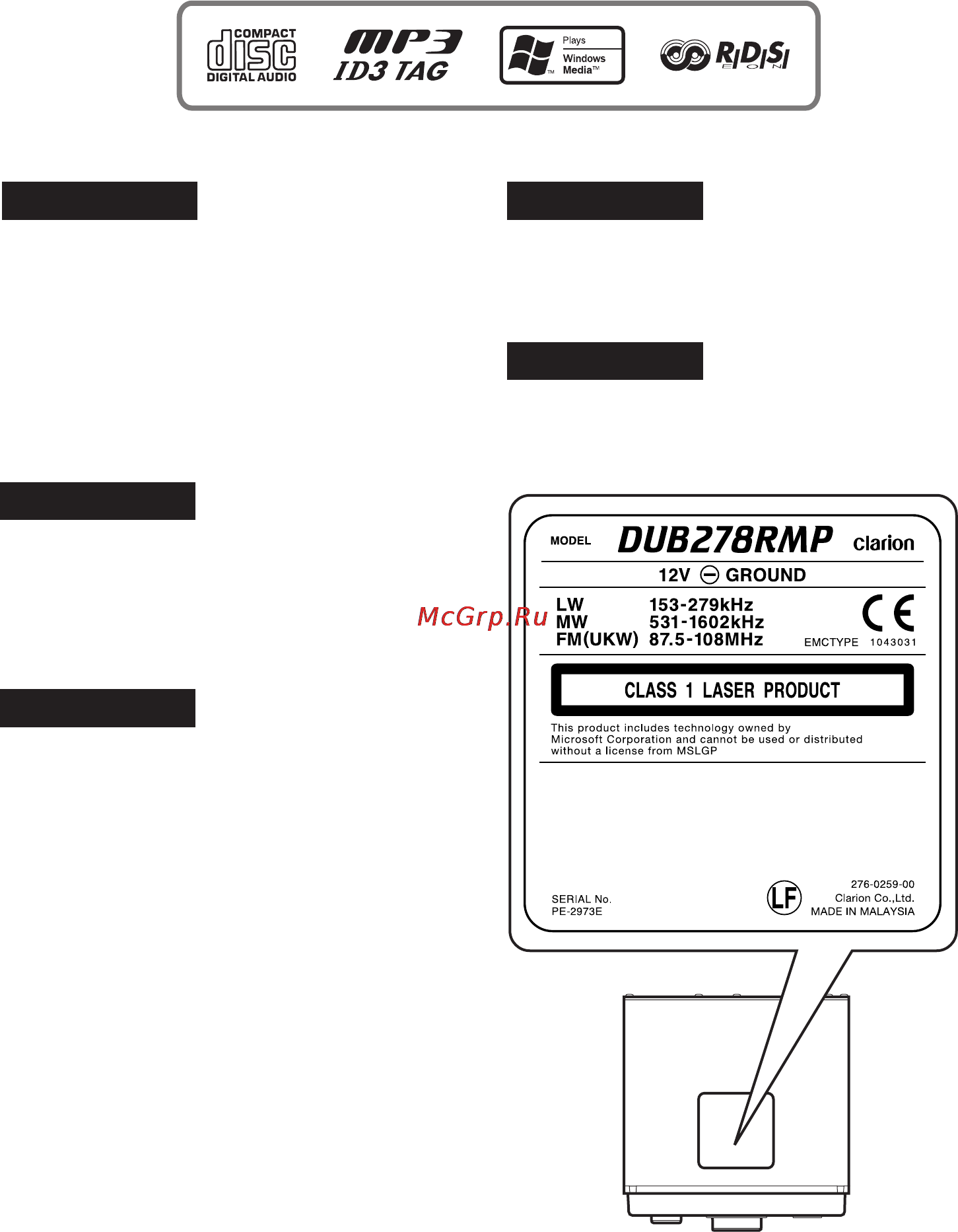 Clarion DUB278RMP [3/36] Caution