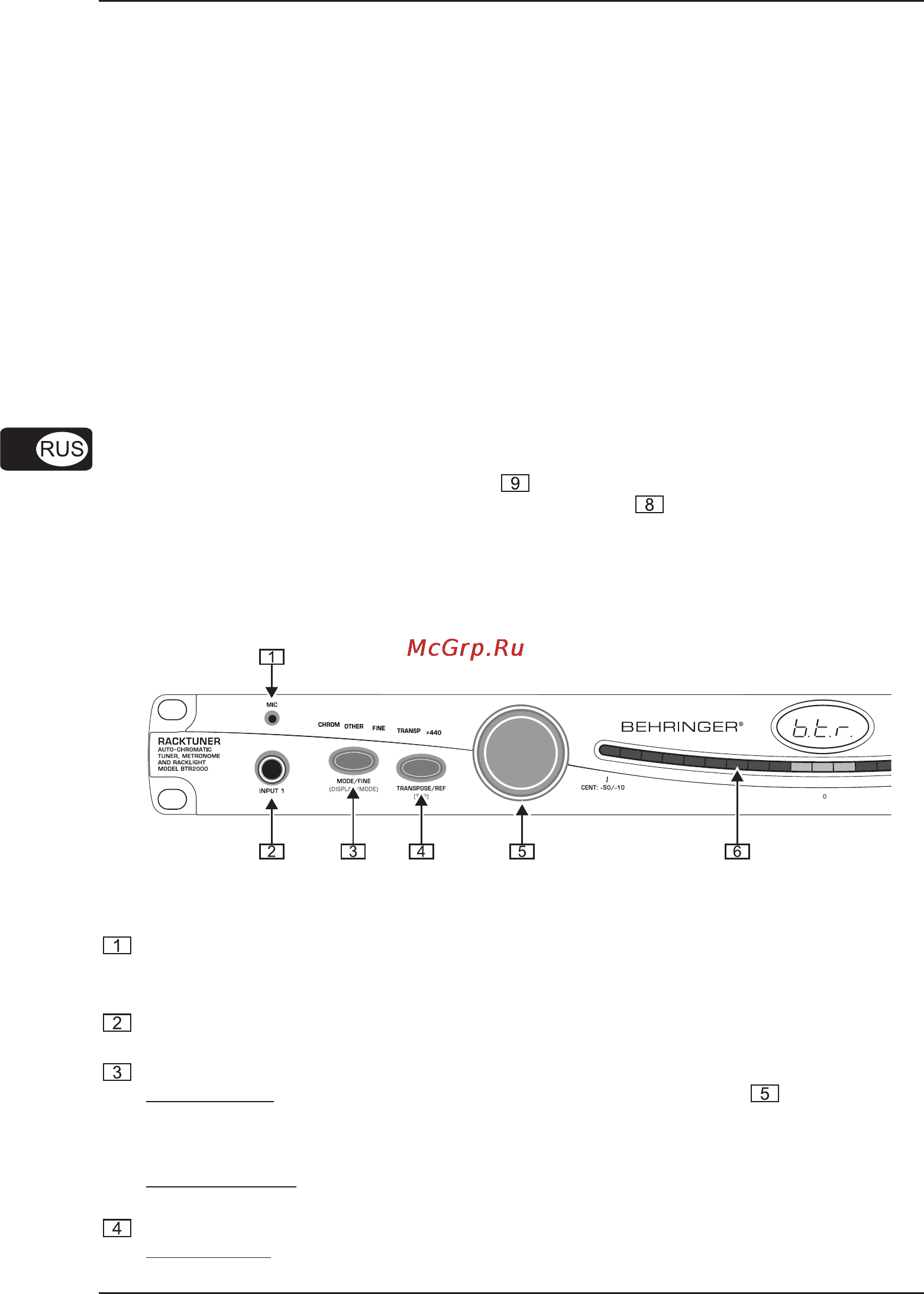 Behringer BTR2000 RACKTUNER [4/16] Элементы управления и подключения