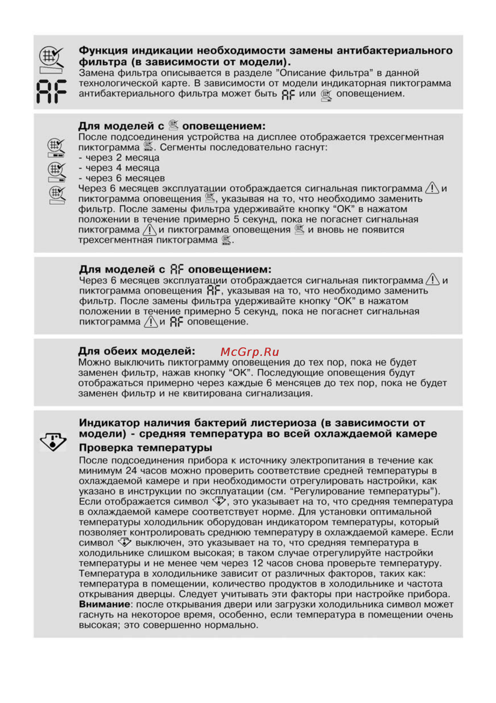 Whirlpool ARC 4198 IX [10/18] Индикатор наличия бактерий листериоза в зависимости от модели средняя температура во всей охлаждаемой камере проверка температуры