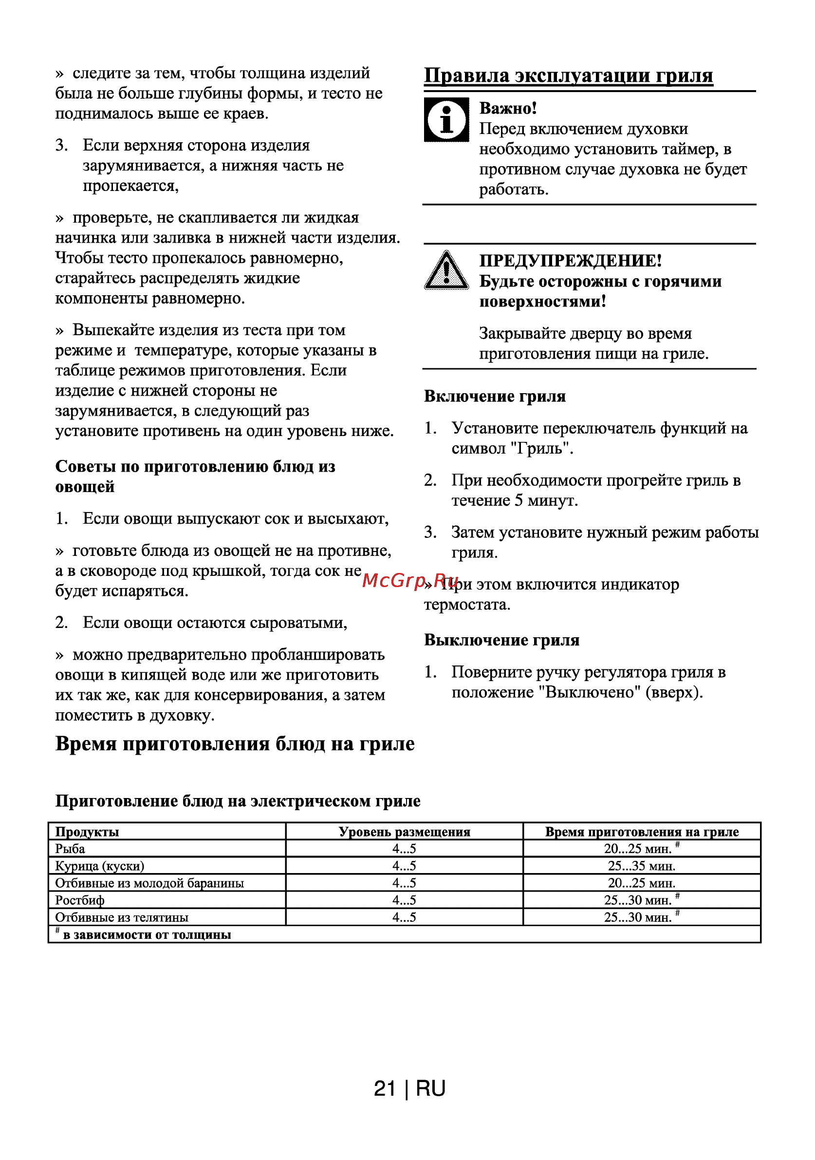 Beko OIE 24300 W [22/28] Время приготовления блюд на гриле