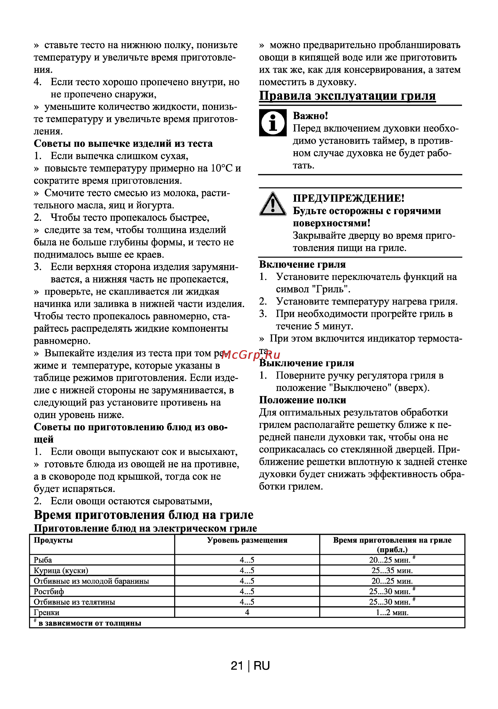 Beko OIE 22302 X [22/26] Время приготовления блюд на гриле