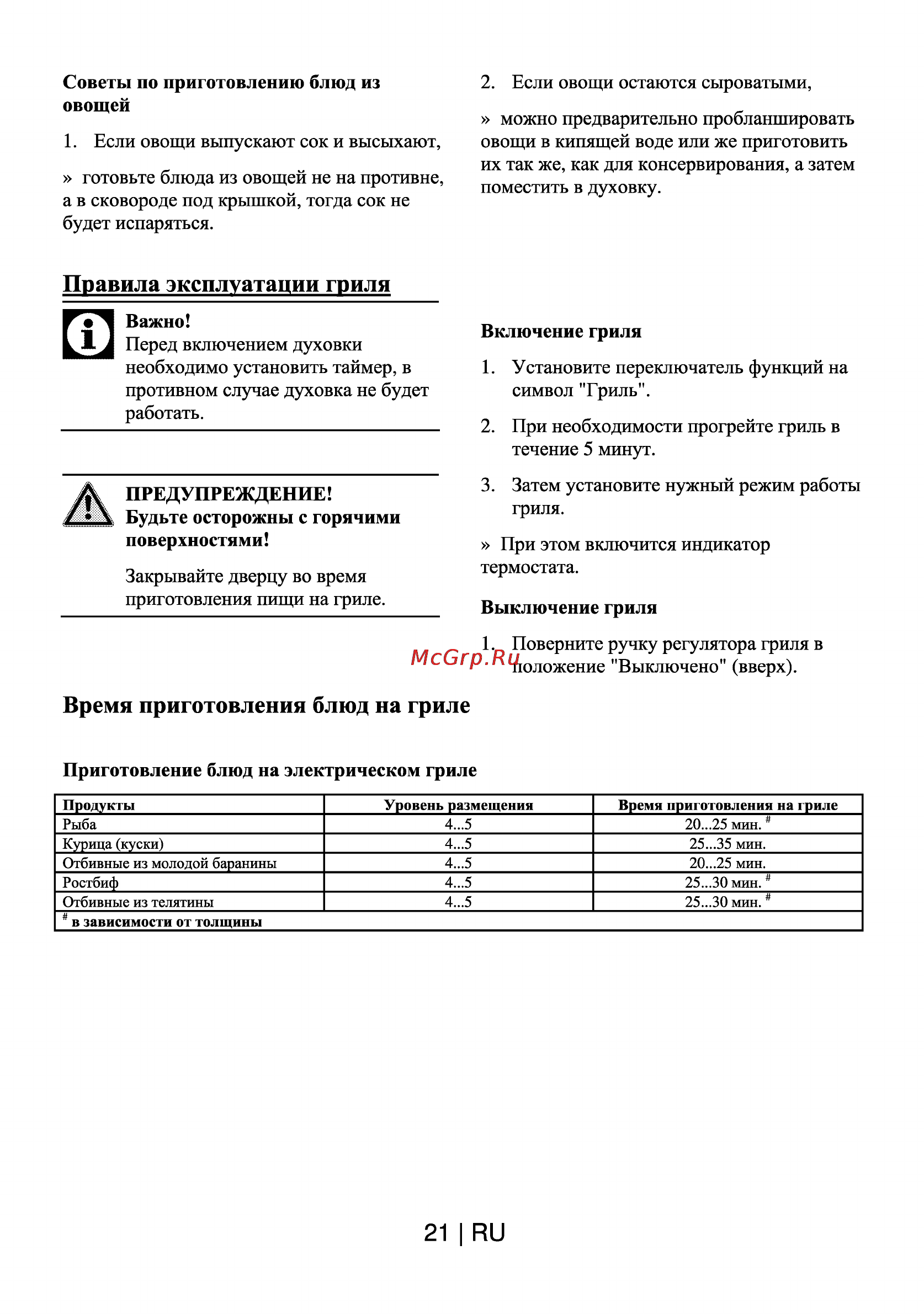 Beko OIE 24300 B [22/28] Время приготовления блюд на гриле