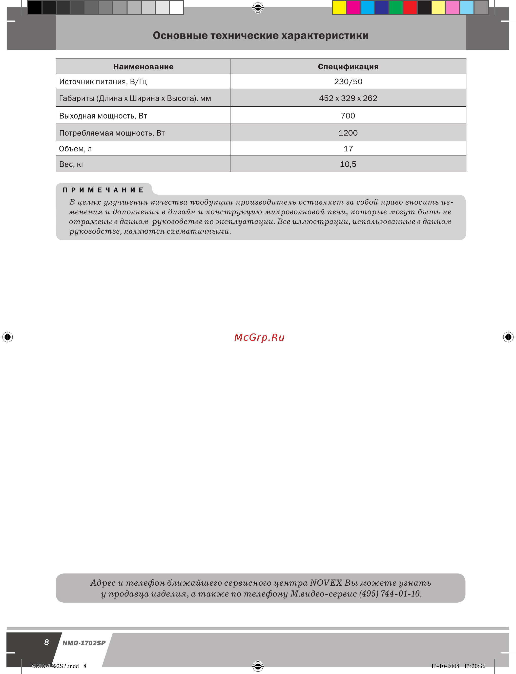 Novex NMO-1702SP [9/9] Основные технические характеристики
