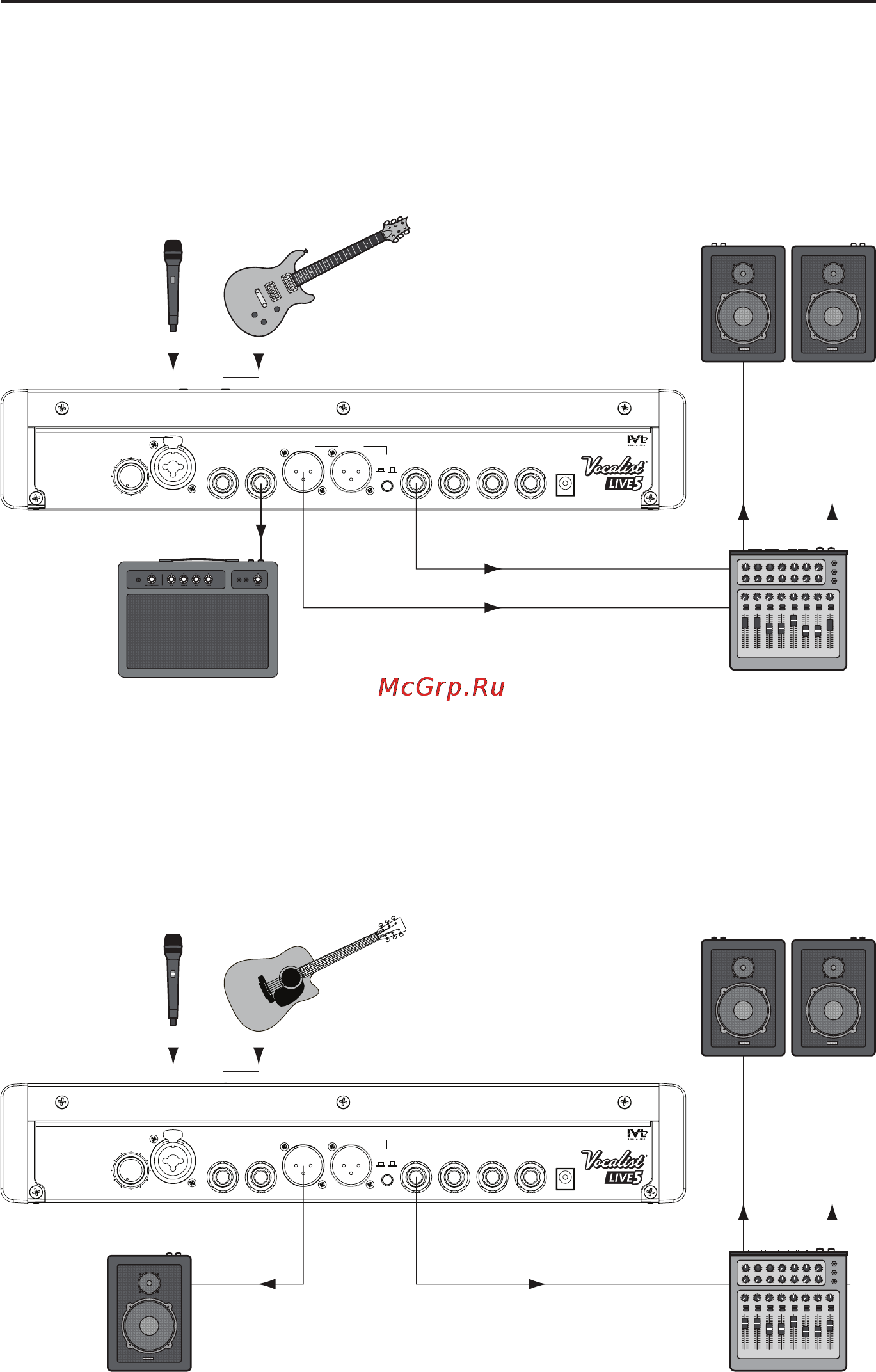Digitech VOCALIST LIVE 5 VOCAL [15/44] Подключение микрофона и гитары к гитарному усилителю и активному монитору моно