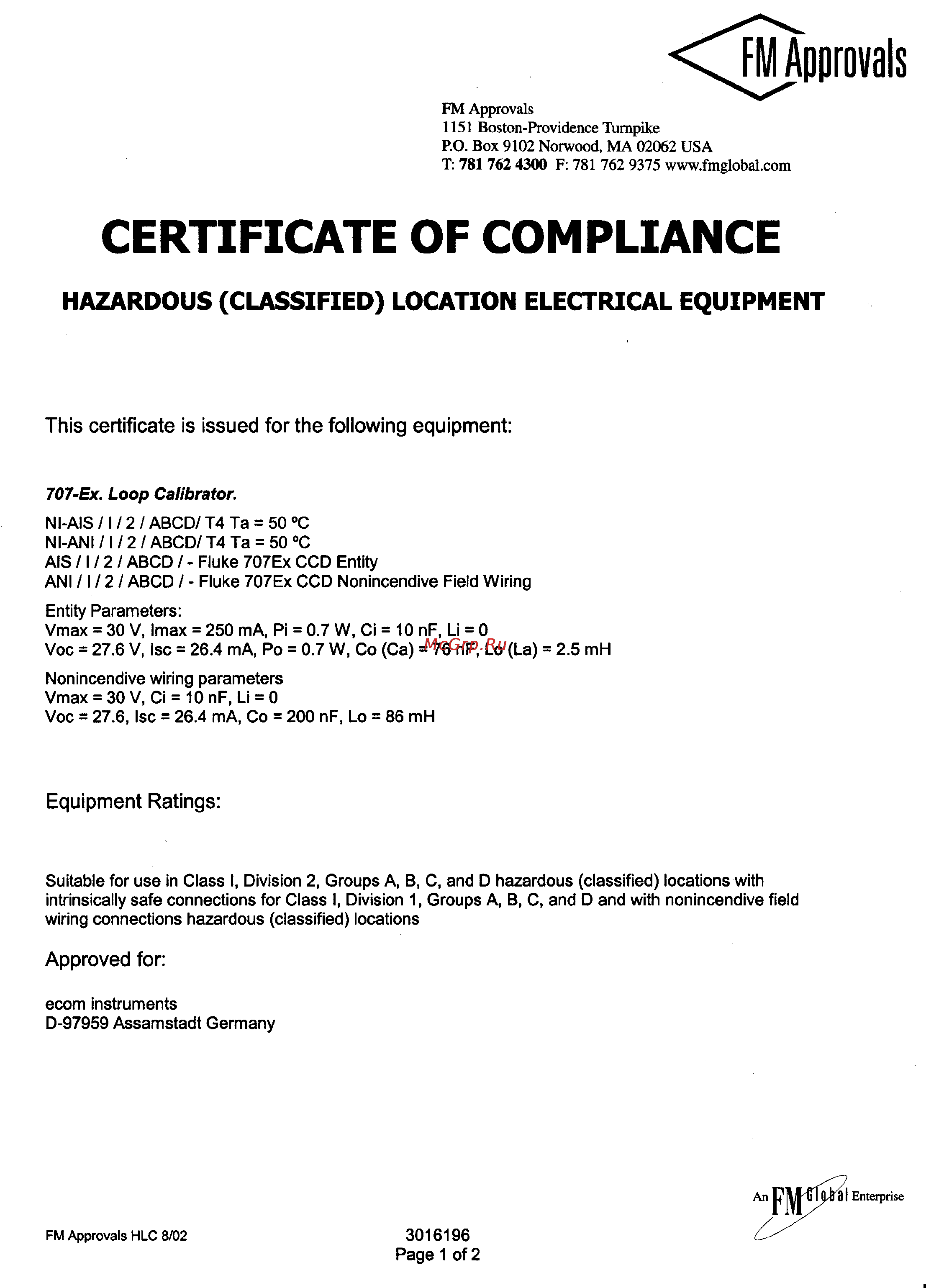Fluke 707 ex [23/24] Fm certificate