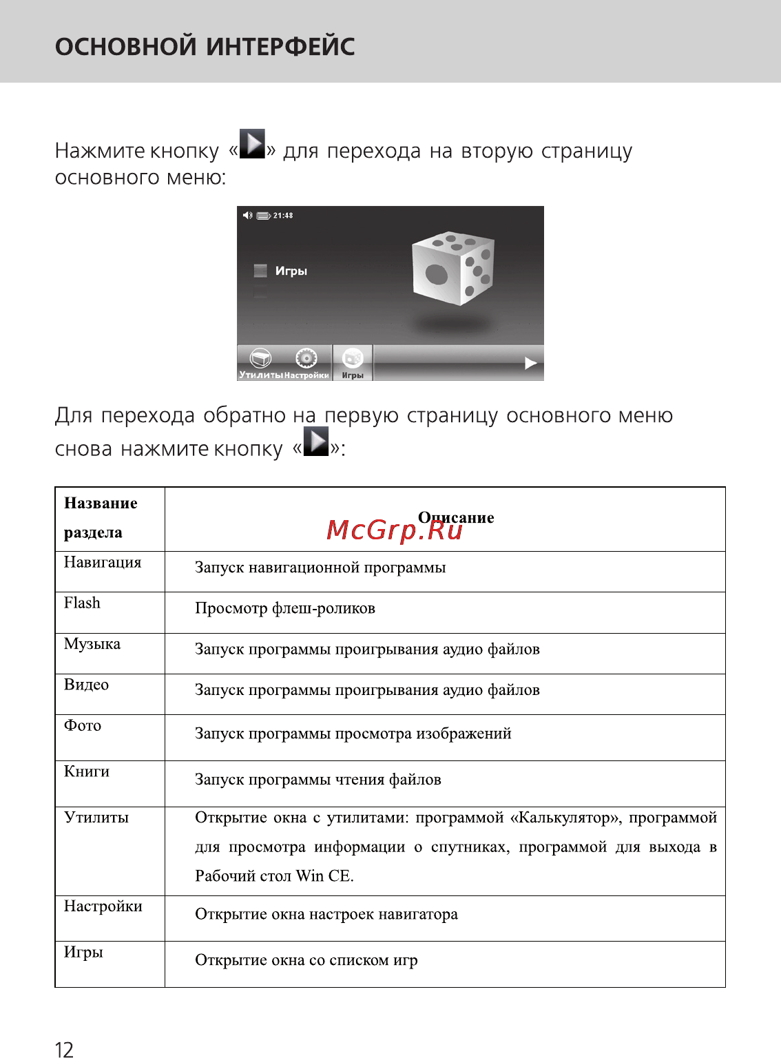 Ritmix RGP-550 [12/26] Основной интерфейс