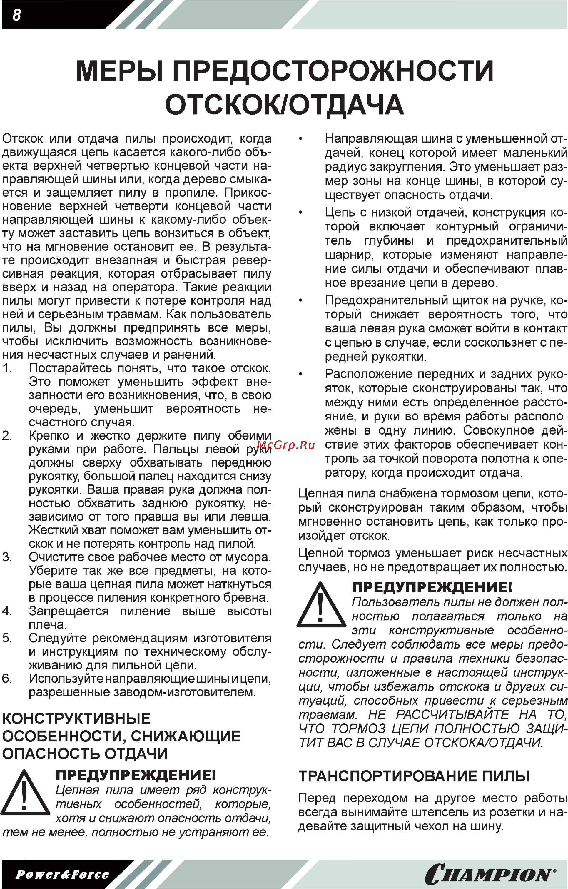 Champion 324N-18 [8/20] Меры предосторожности