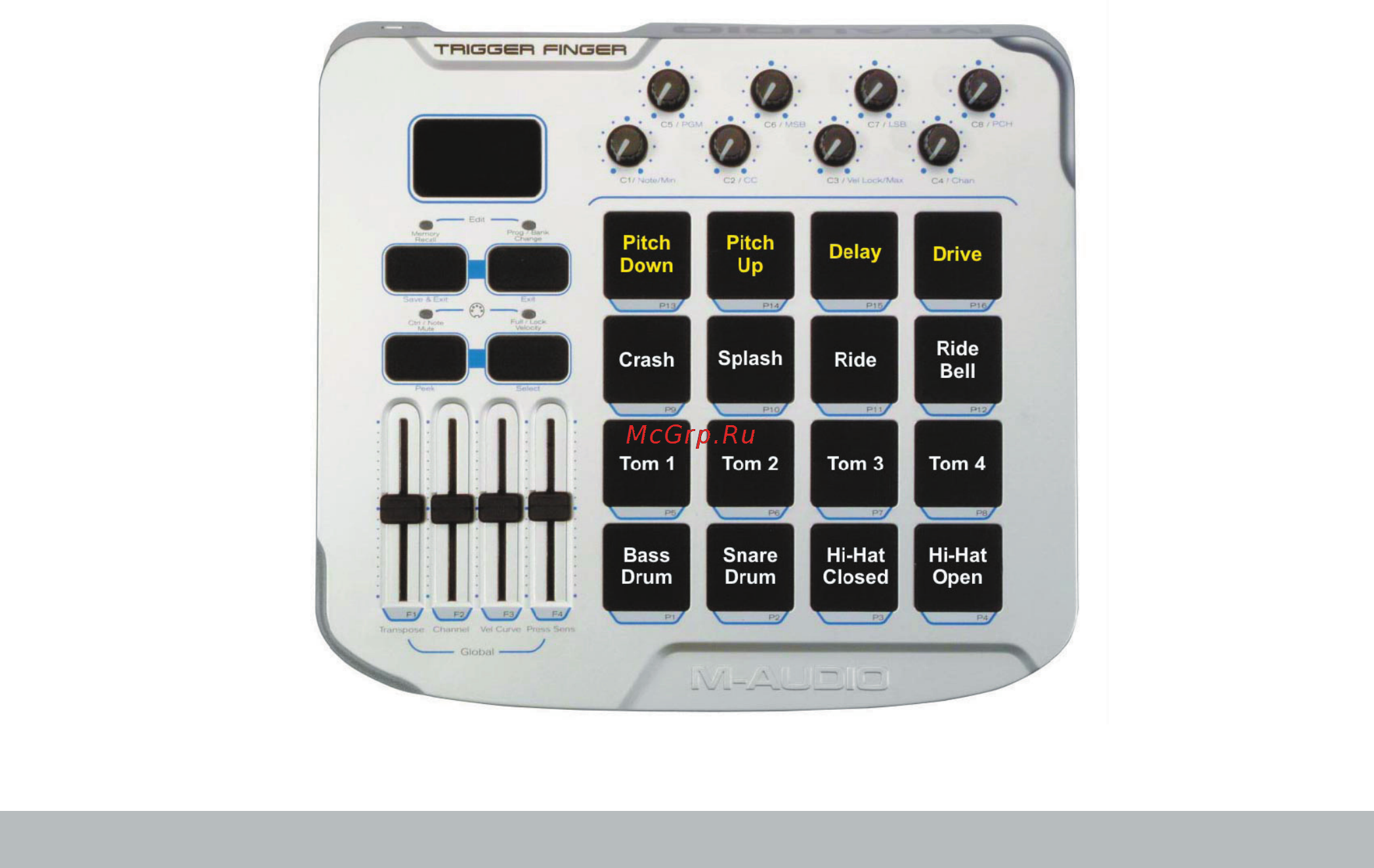 M-Audio TRIGGER FINGER [15/15] Настраивая trigger finger в программе enigma а не через режим редактирования непосредственно на самом приборе вы получите доступ к большему количеству возможностей одной из доступных в этом случае хитростей возможность не назначать на пэд midi ноту оставляя для нее активным только контроль давления на приведенной ниже иллюстрации помеченные 4 пэда не передают данных midi нот эти пэды служат только для изменения значений midi контроллеров зависящих от параметра давления используя эту настройку вы будете играть барабанными звуками на 12 нижних пэдах а примененив давление к пэдам 13 или 14 сдвините высоту тона вверх или вниз соответственно чем сильнее нажимаете на пэд тем больше изменяется высота нажатие на пэд 15 приведет к изменению уровня посыла на эффект задержки delay отрабатываемого инструментом и также звуки всего барабанного набора в некоторых музыкальных программах могут быть обработаны через эффект перегрузки drive в этом случае музыки управляйте уровнем искажений осуществляя да