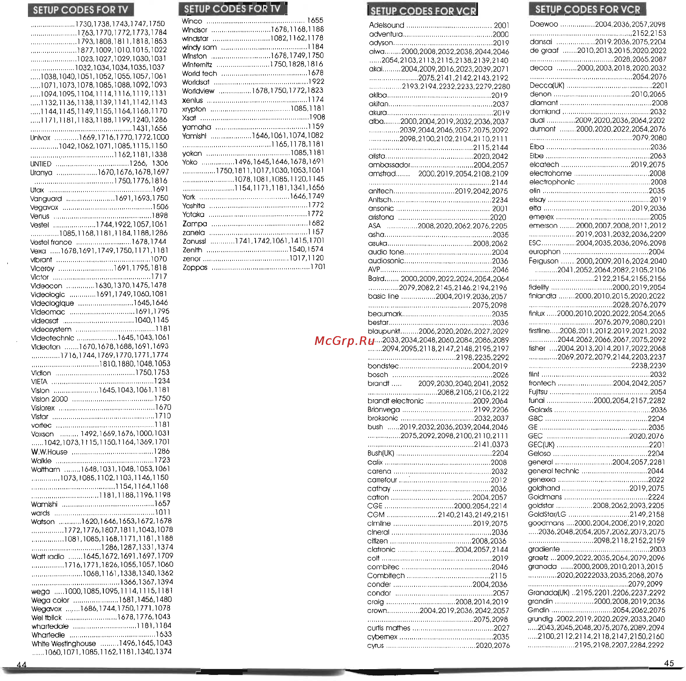 Chunghop RM-828C [9/13] Setup codes for tv setup codes for tv setup codes for vcr setup codes for vcr