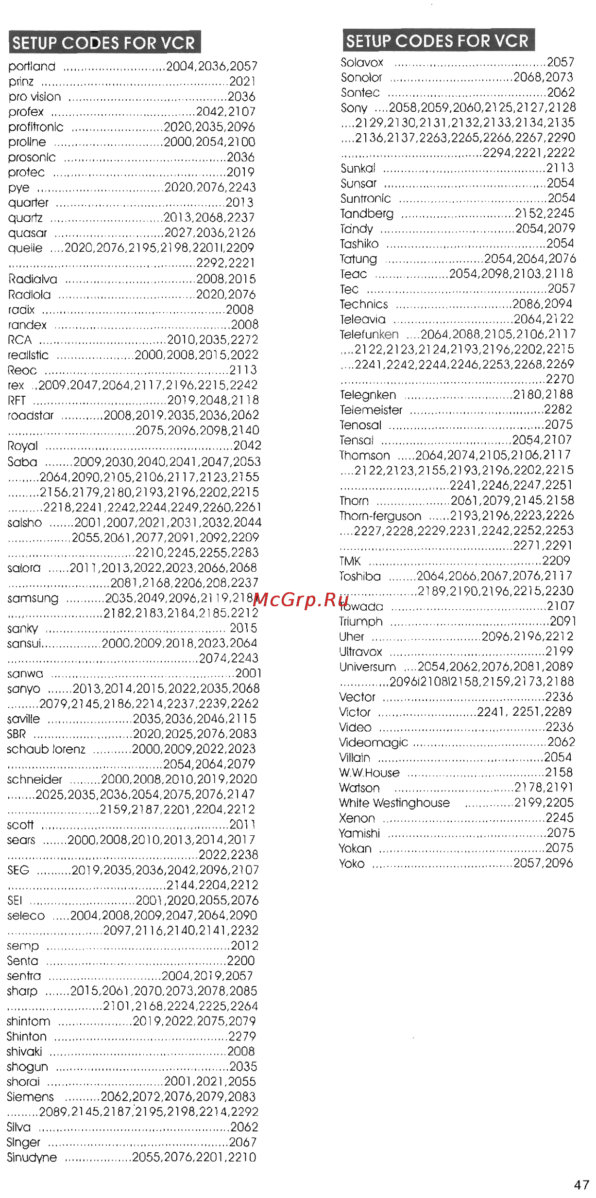 Chunghop RM-E86 [19/23] Setup codes for vcr setup codes for vcr