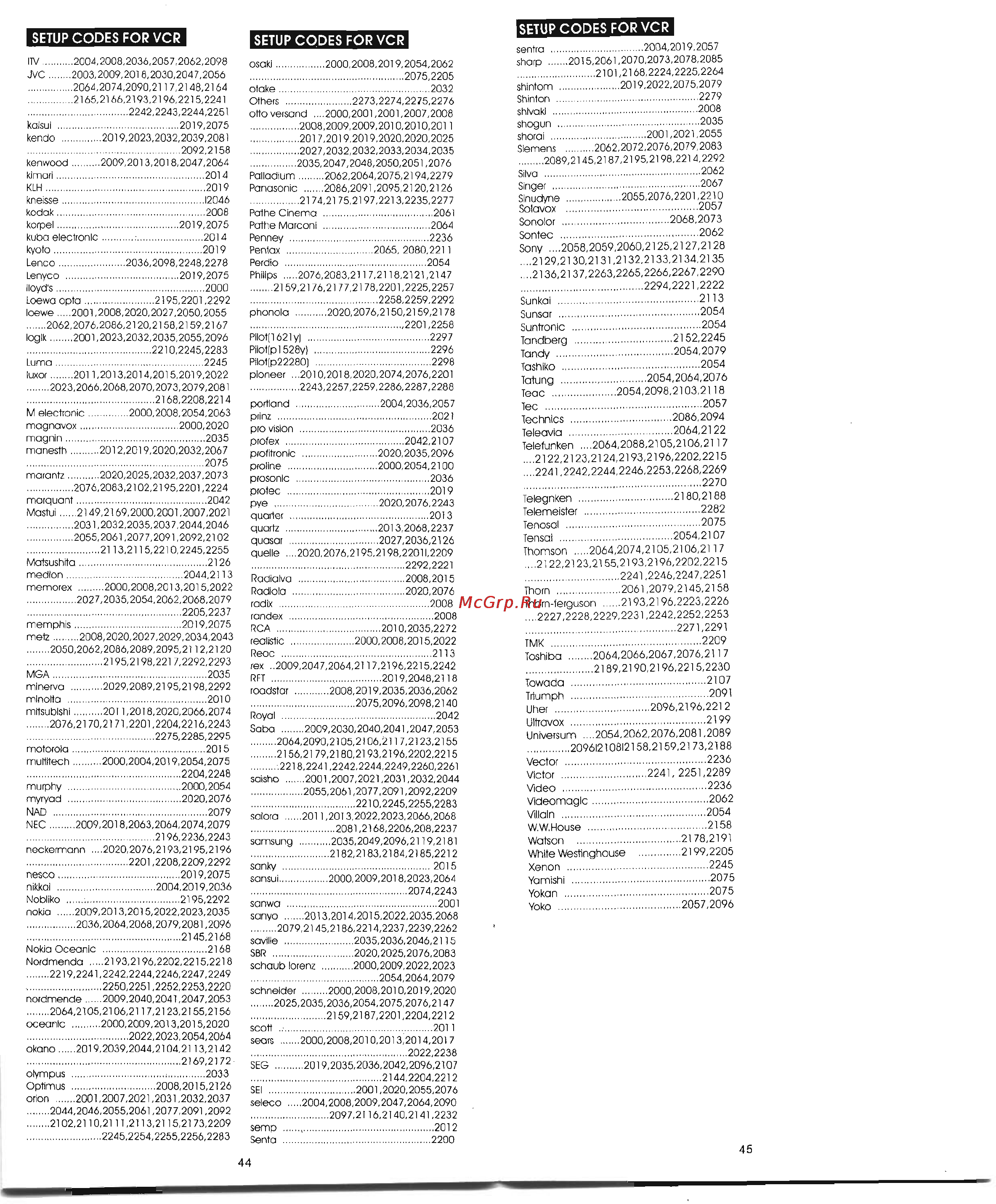 Chunghop RM-E90 [10/13] Setup codes for vcr