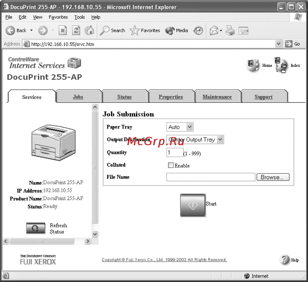 Xerox DocuPrint 255 [56/190] Щелкните на экране на services службы и сделайте необходимые настройки в частности выберите файл который будет распечатываться