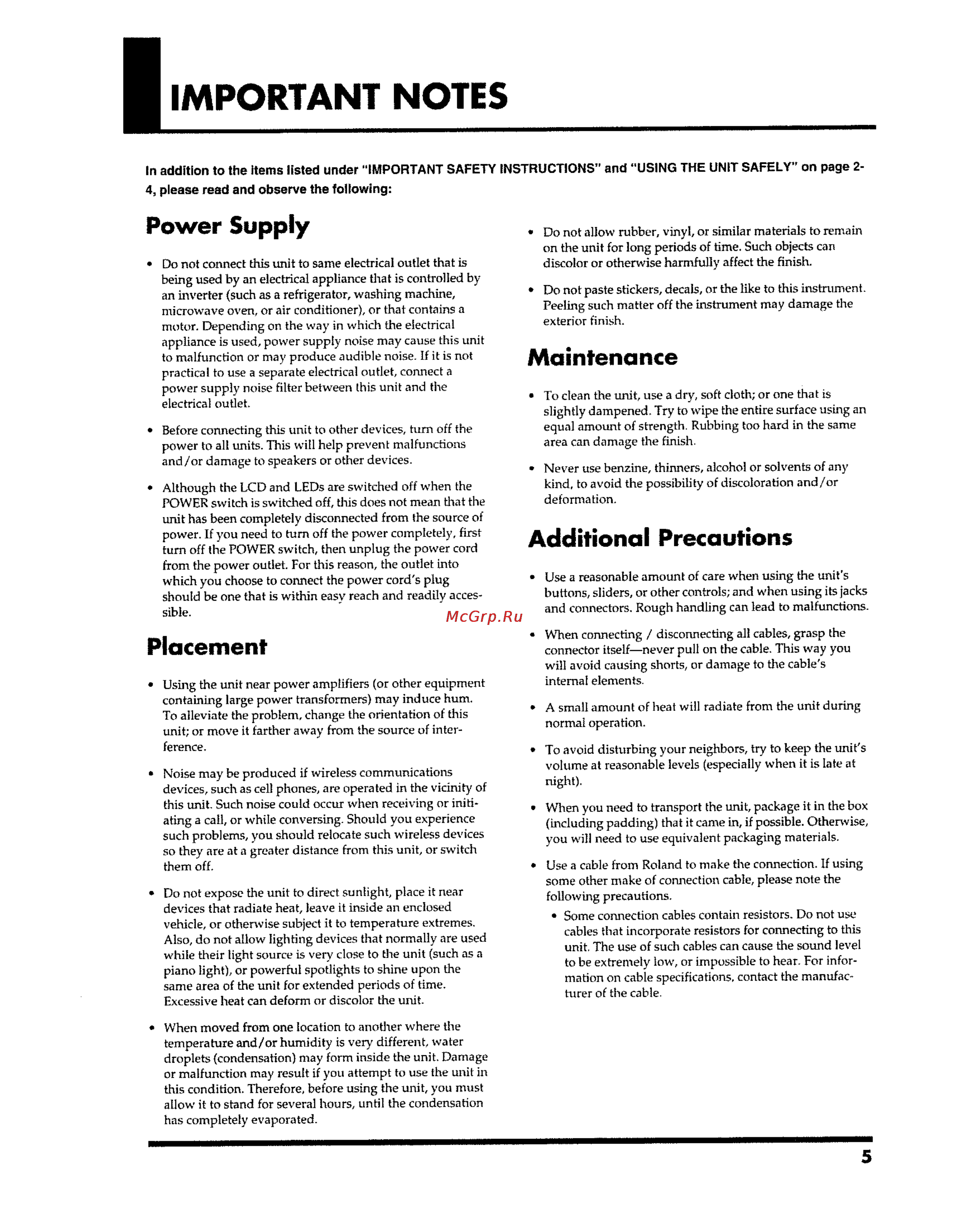 Roland PM-10 [5/10] Important notes