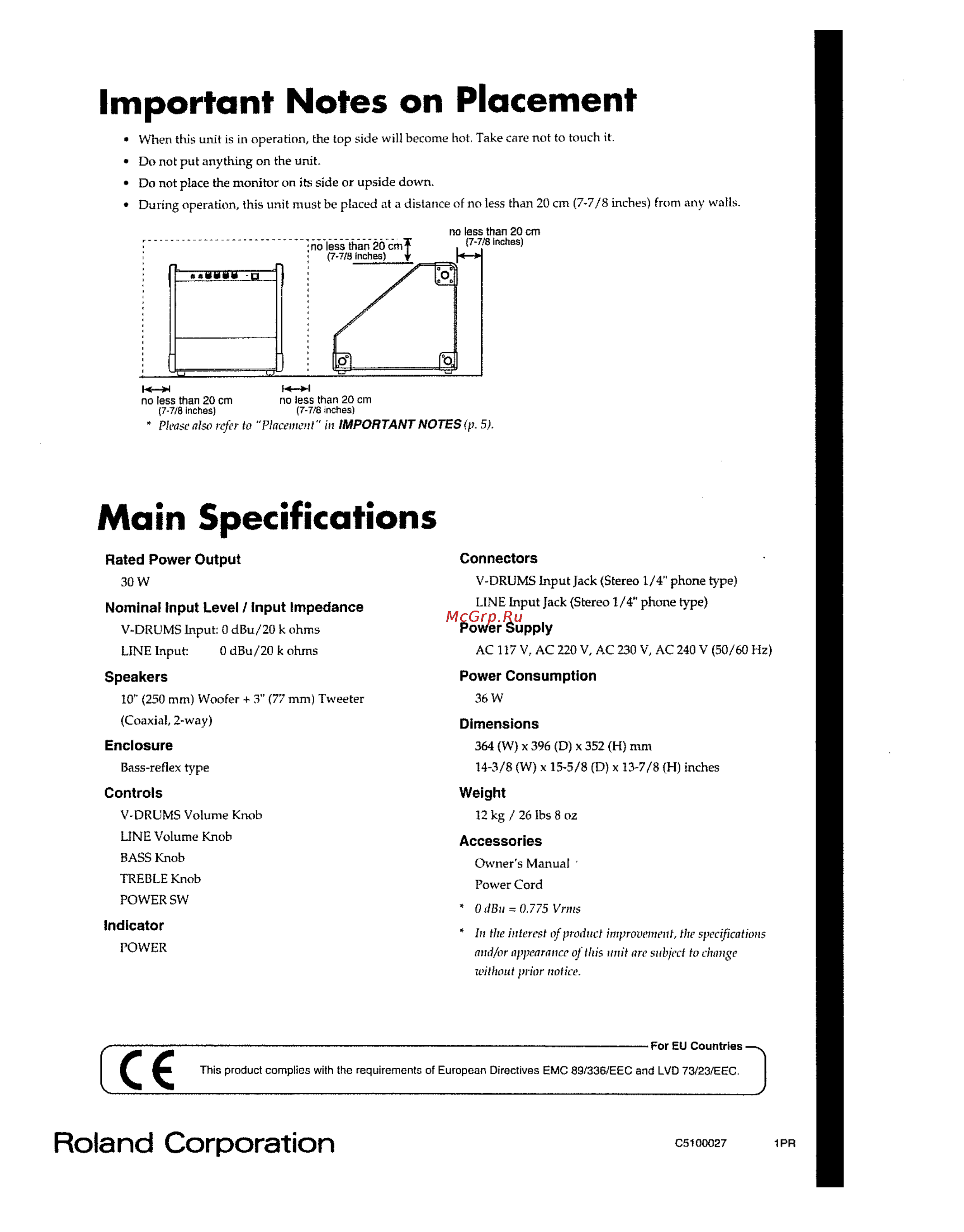 Roland PM-10 [8/10] Important notes on placement