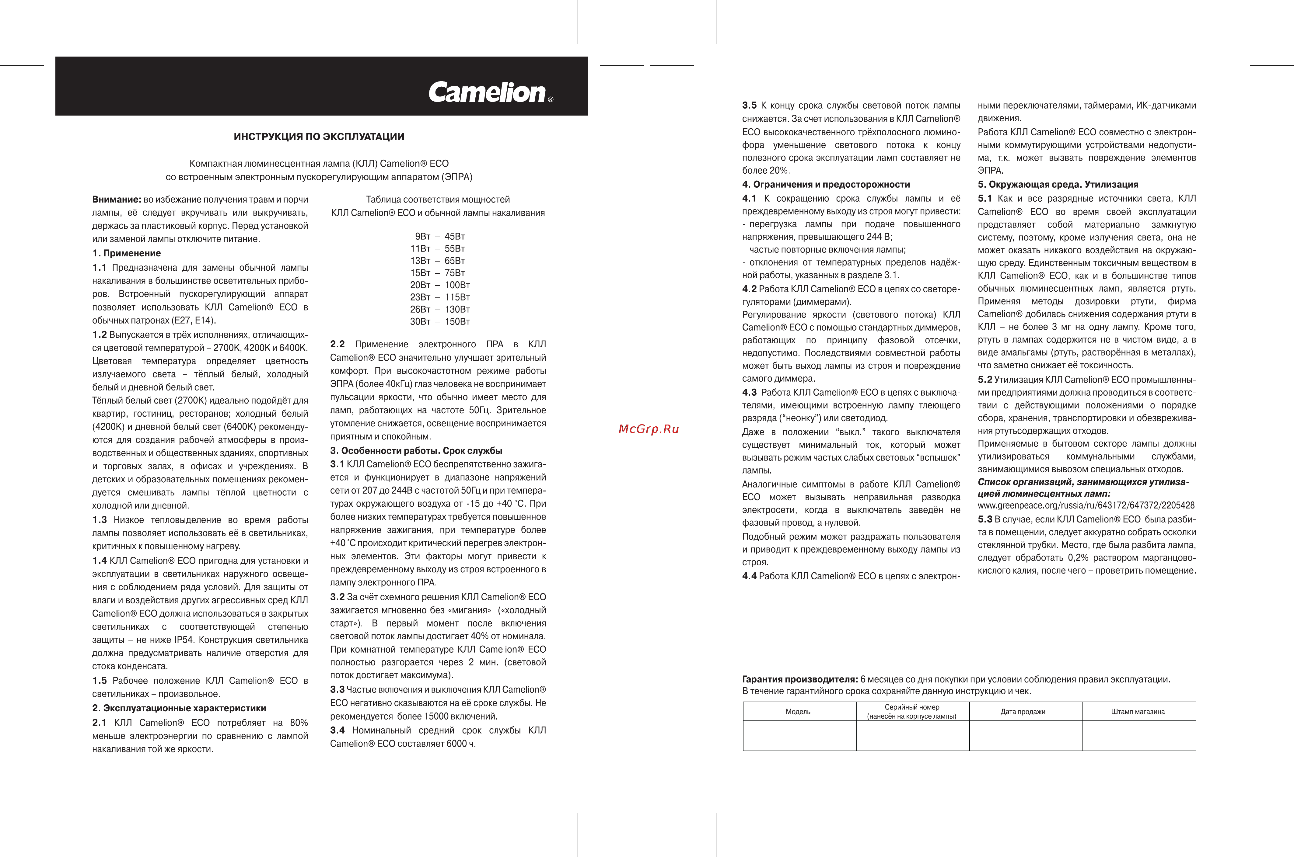 Camelion CF20-AS/827/E27 3 шт. Инструкция по эксплуатации онлайн