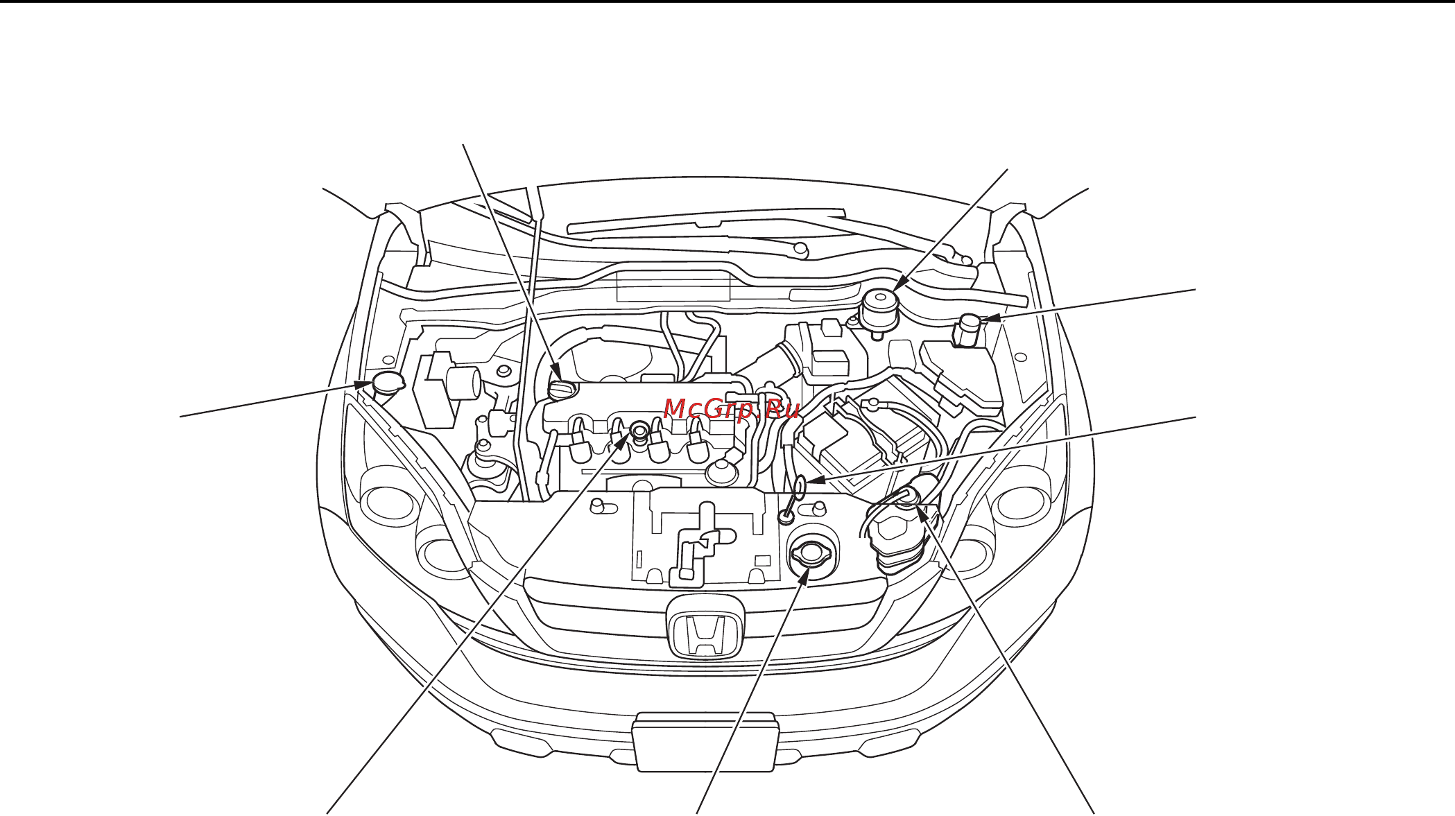 Honda CR-V (2009) [413/547] Расположение заправочных горловин и контрольных щупов для версий с бензиновыми двигателями