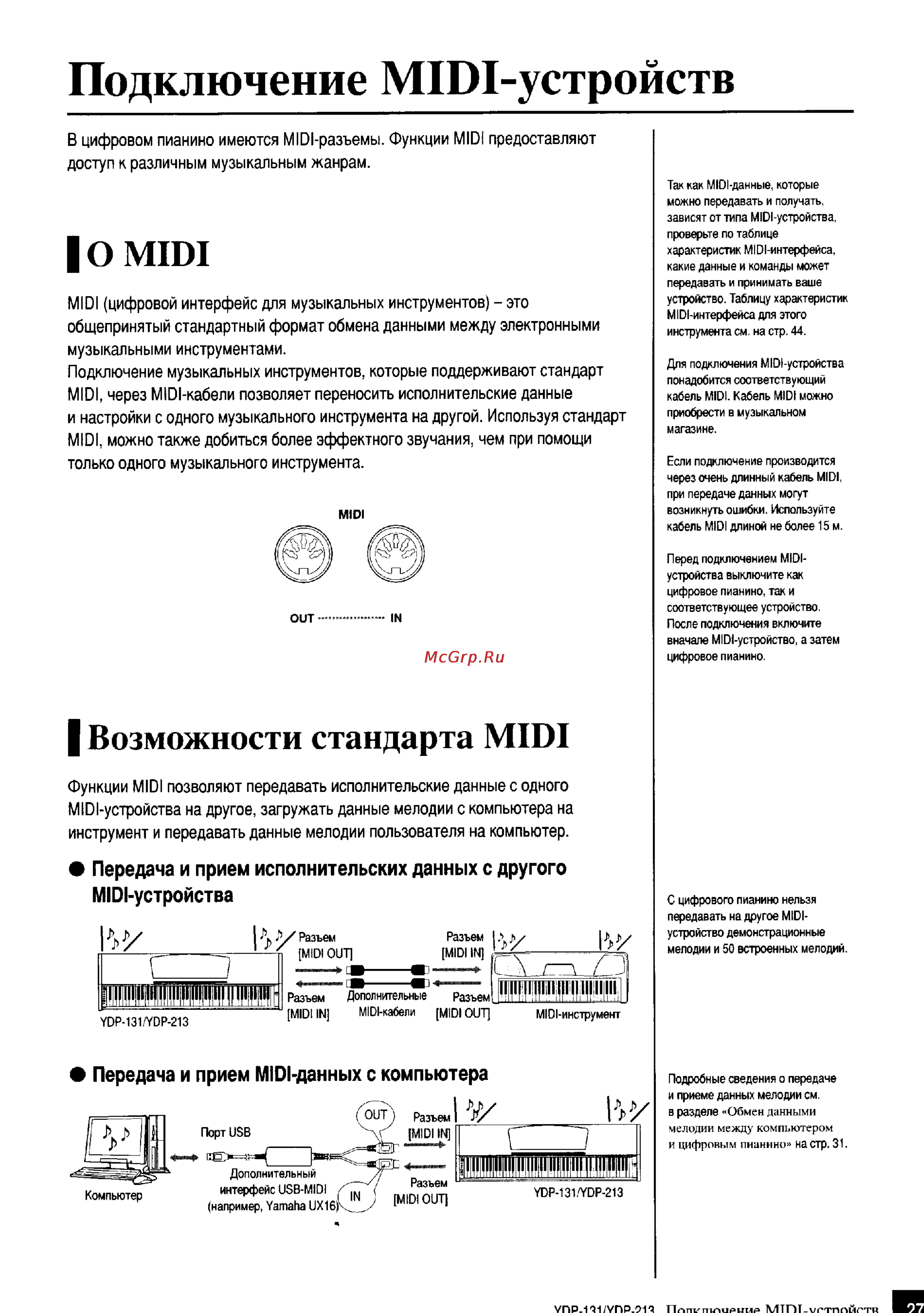 Yamaha YDP-131 [25/43] Подключение midi устройств