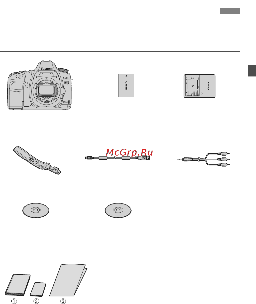 Canon EOS 5D Mark II Body [3/228] В первую очередь убедитесь что в комплект поставки камеры входят все перечисленные ниже компоненты при отсутствии каких либо компонентов обращайтесь к своему дилеру