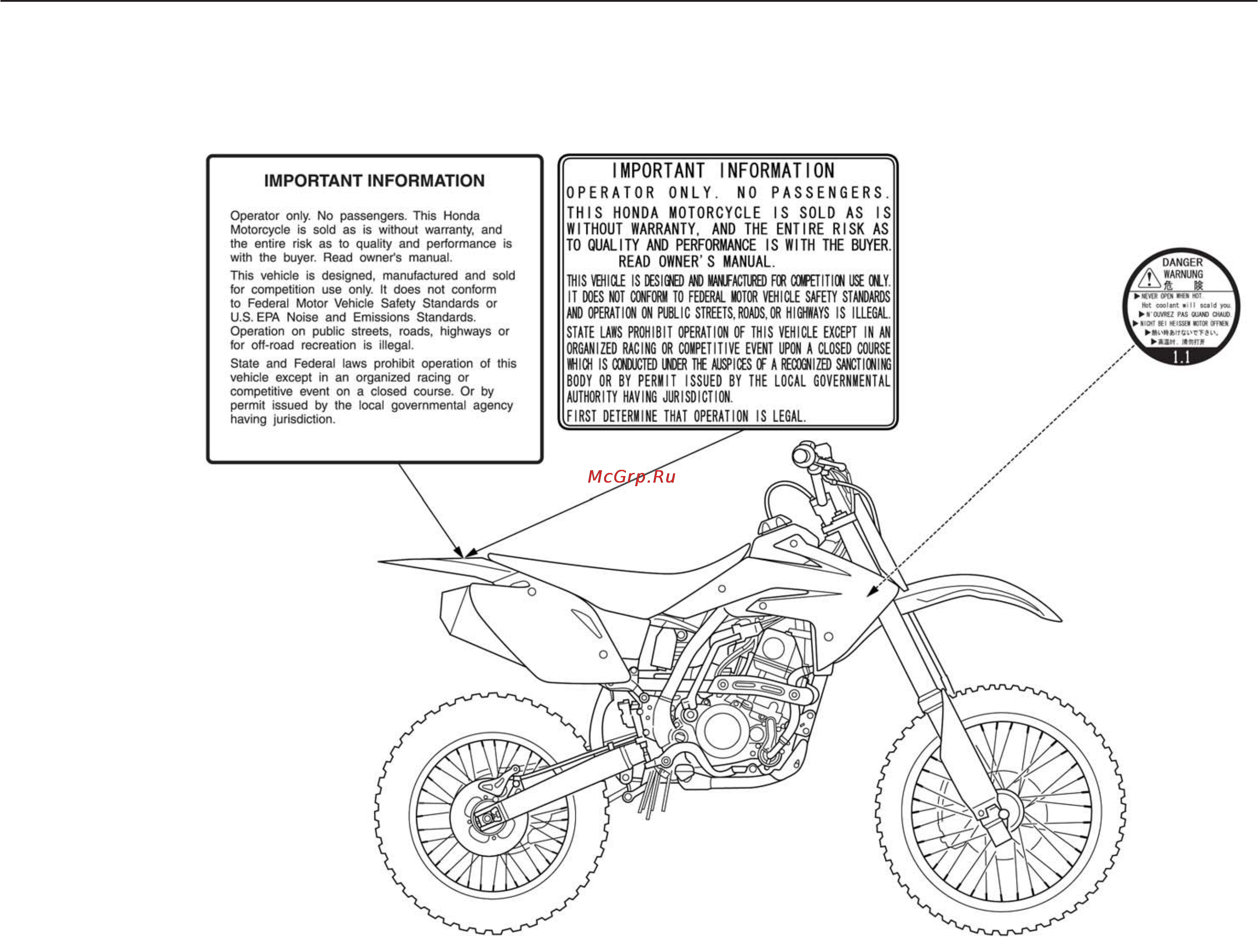 Honda CRF150R (2006) [9/153] Предупреждающие таблички