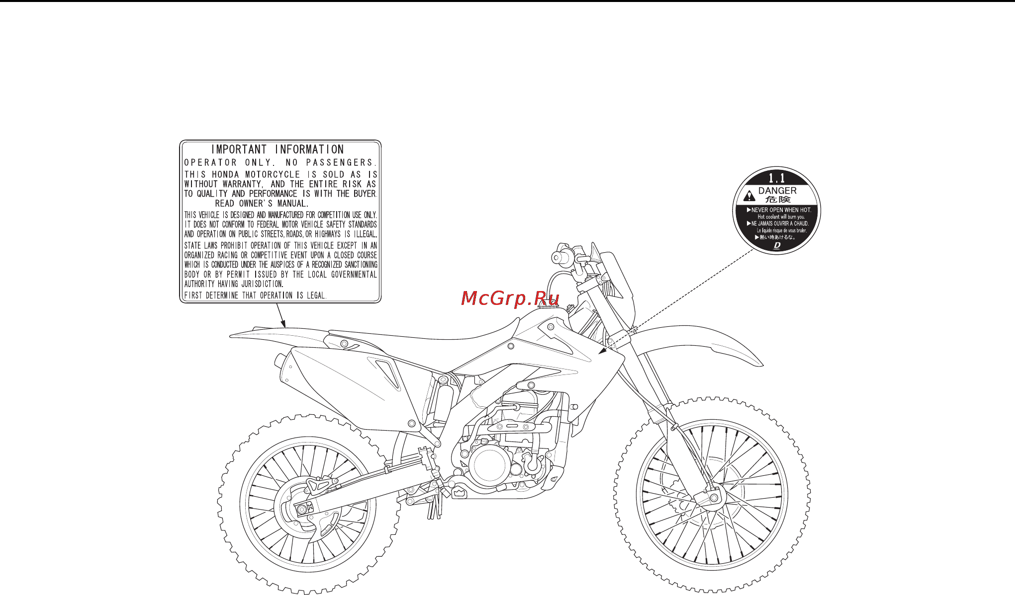 Honda CRF250X (2006) [11/171] Предупреждающие таблички