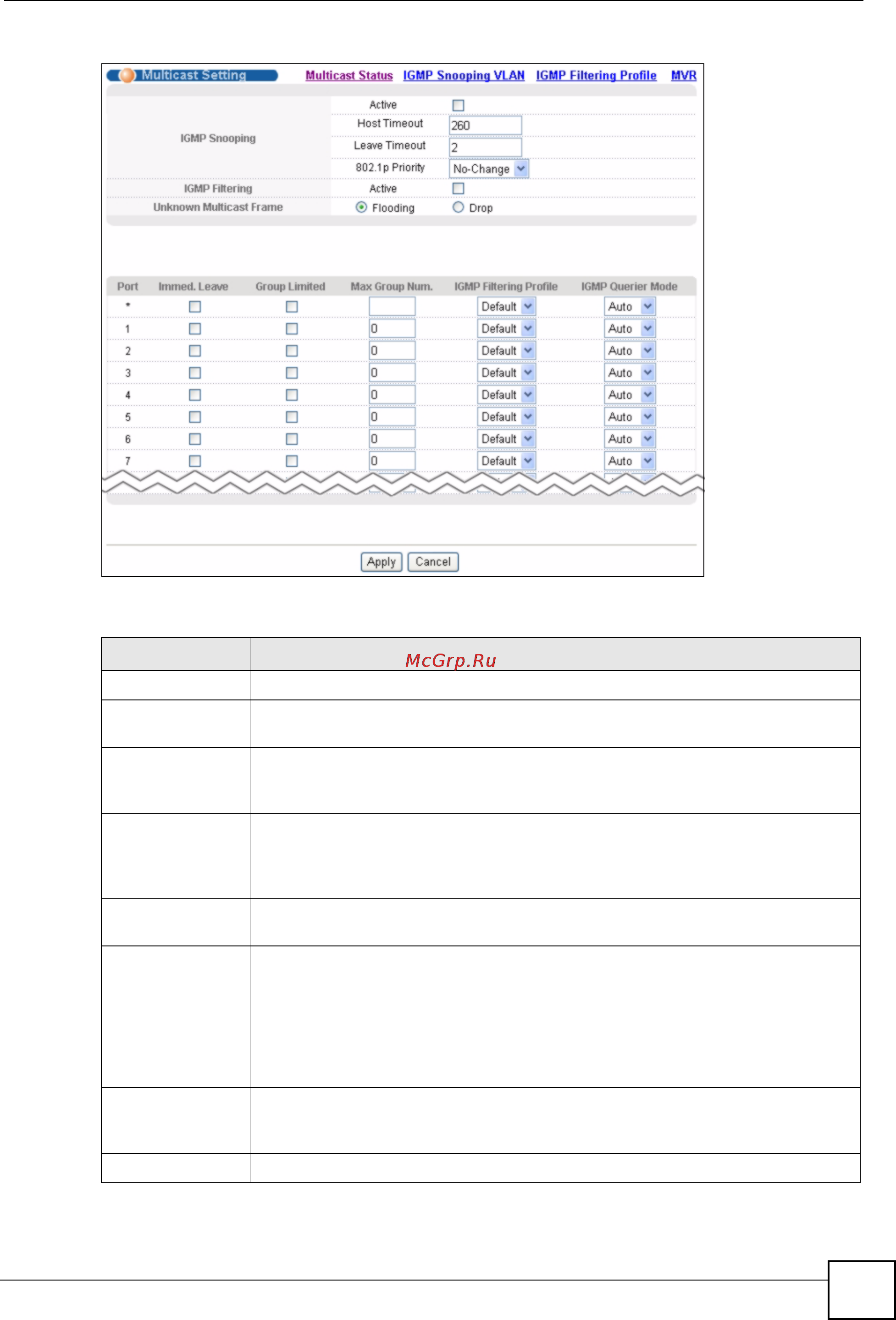 Zyxel GS-2024 EE [127/266] Note if you enable igmp filtering you must create and assign igmp filtering profiles for the ports that you want to allow to join multicast groups