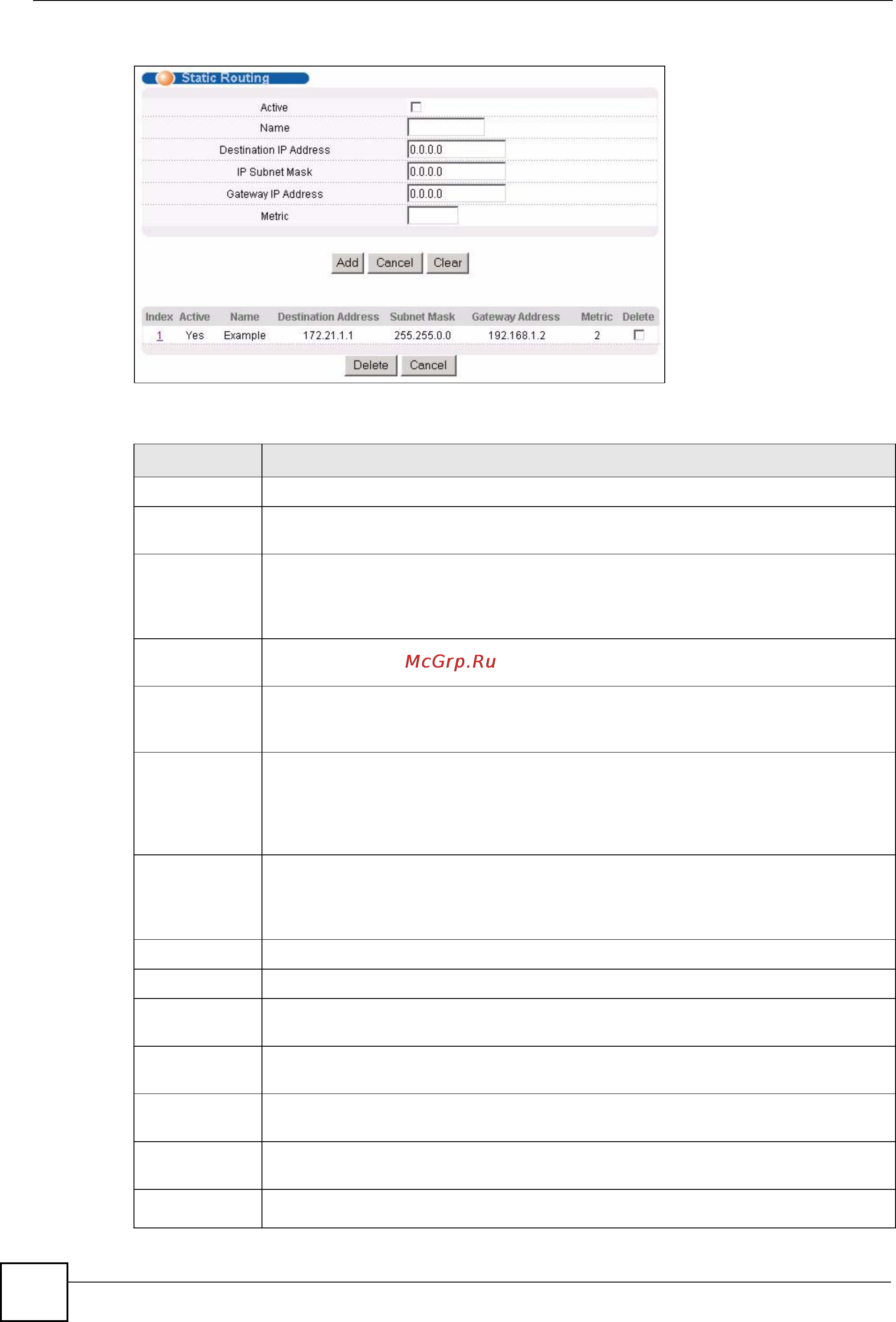 Zyxel GS-2024 EE [160/266] The following table describes the related labels you use to create a static route