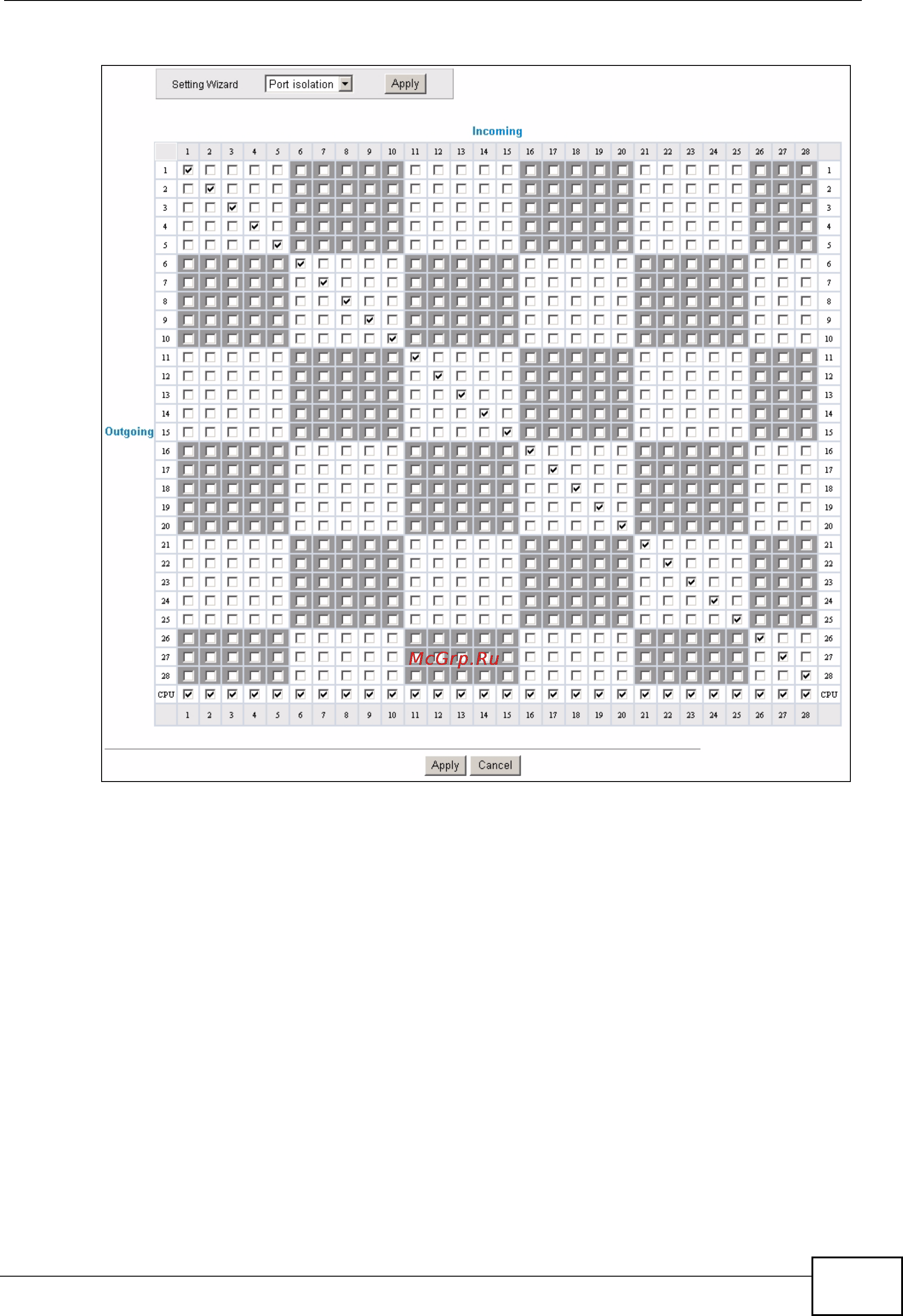 Zyxel MES-3528 [107/354] Figure 57 port based vlan setup port isolation