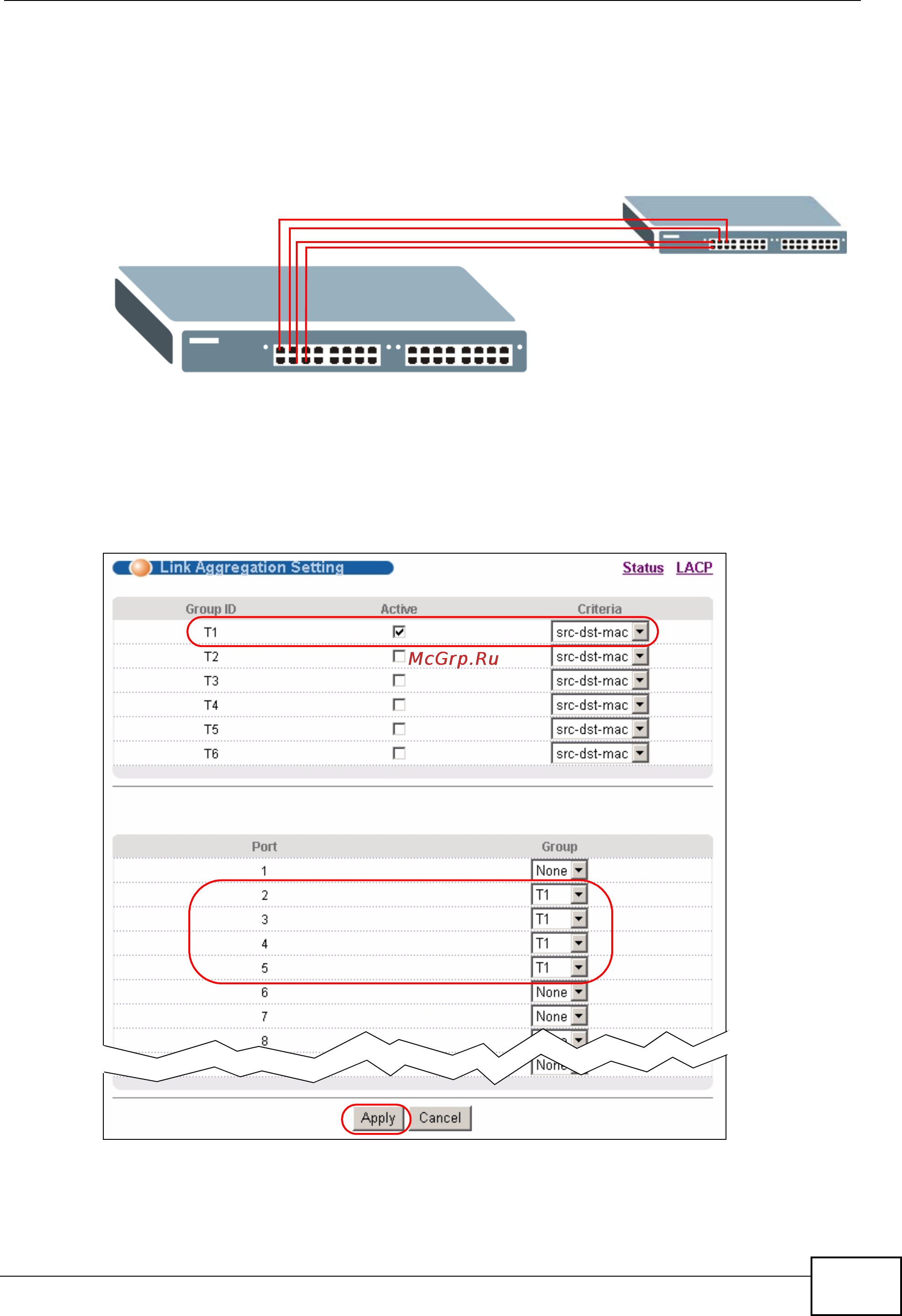 Zyxel MES-3528 [157/354] Figure 83 trunking example physical connections