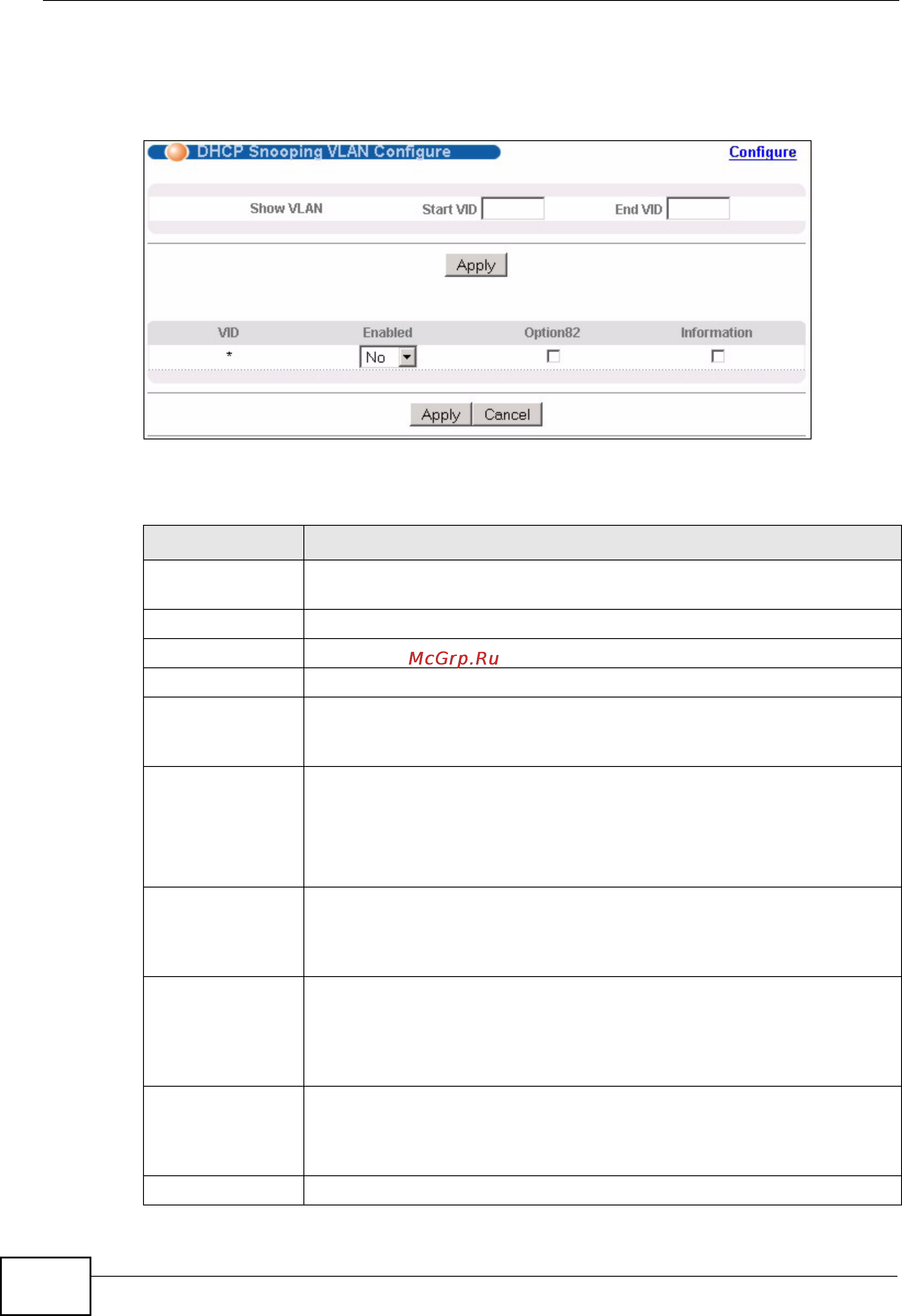 Zyxel MES-3528 [228/354] Figure 120 dhcp snooping vlan configure