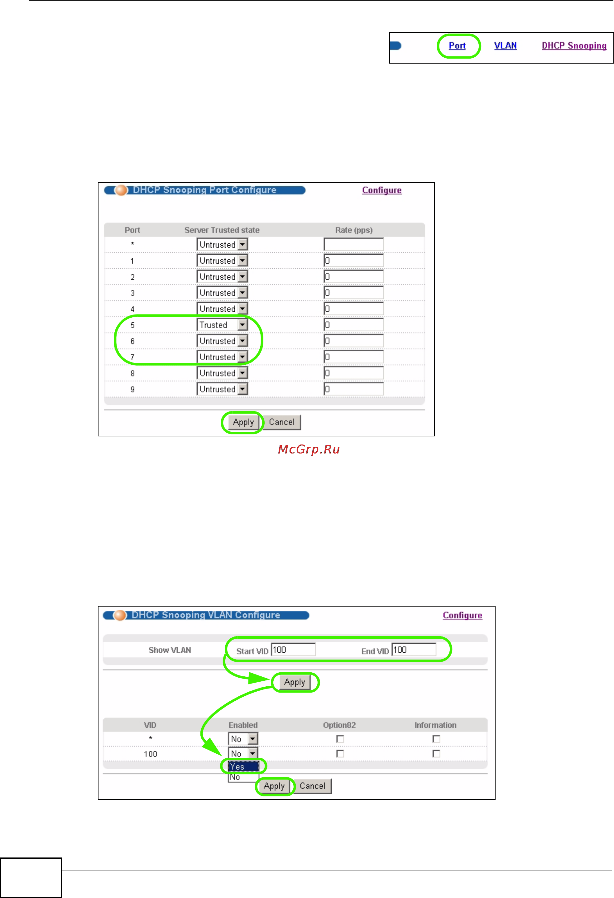 Zyxel MES-3528 [62/354] Figure 29 tutorial set the dhcp server port to trusted
