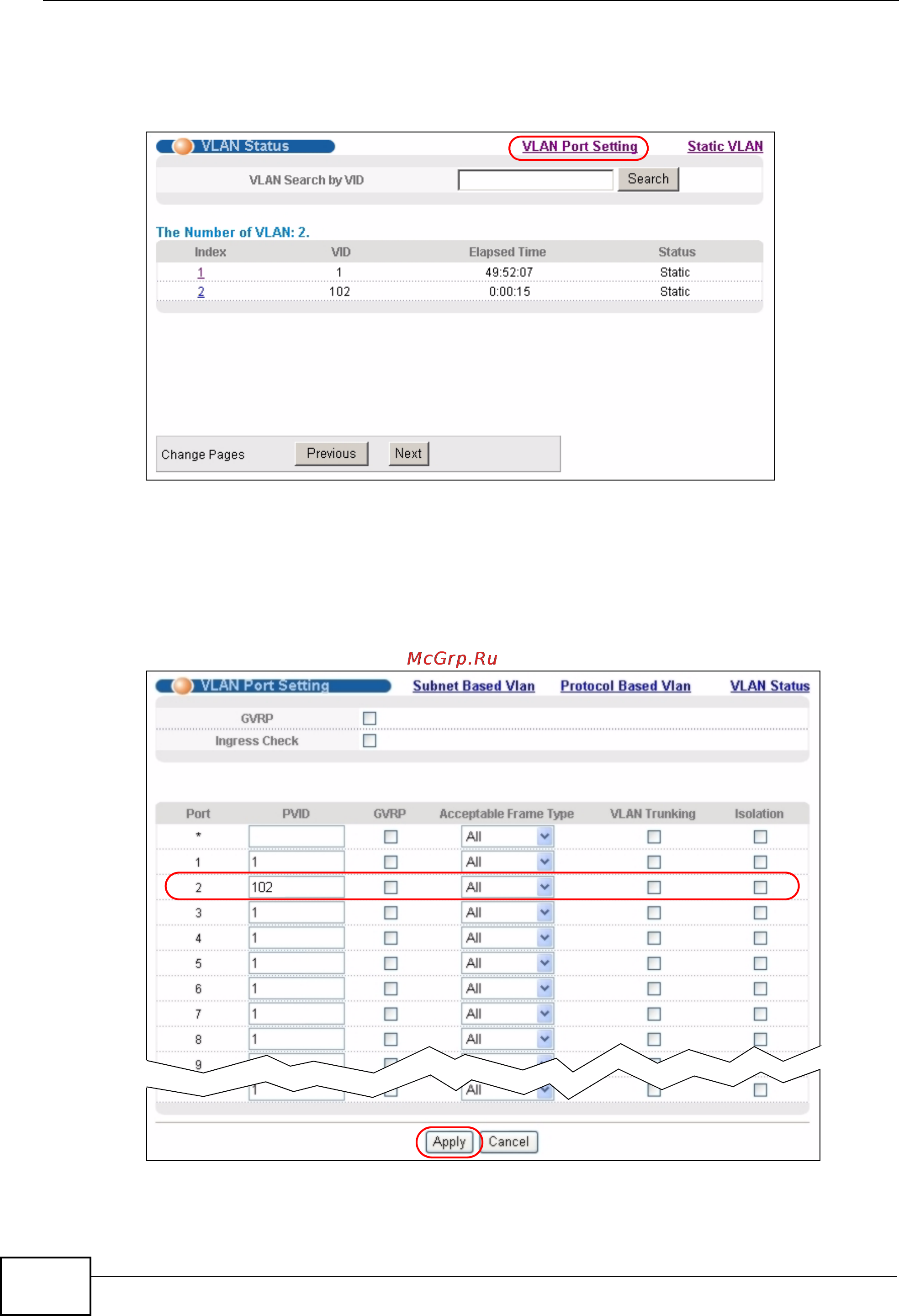 Zyxel MES-3528 [66/354] Figure 35 tutorial click the vlan port setting link
