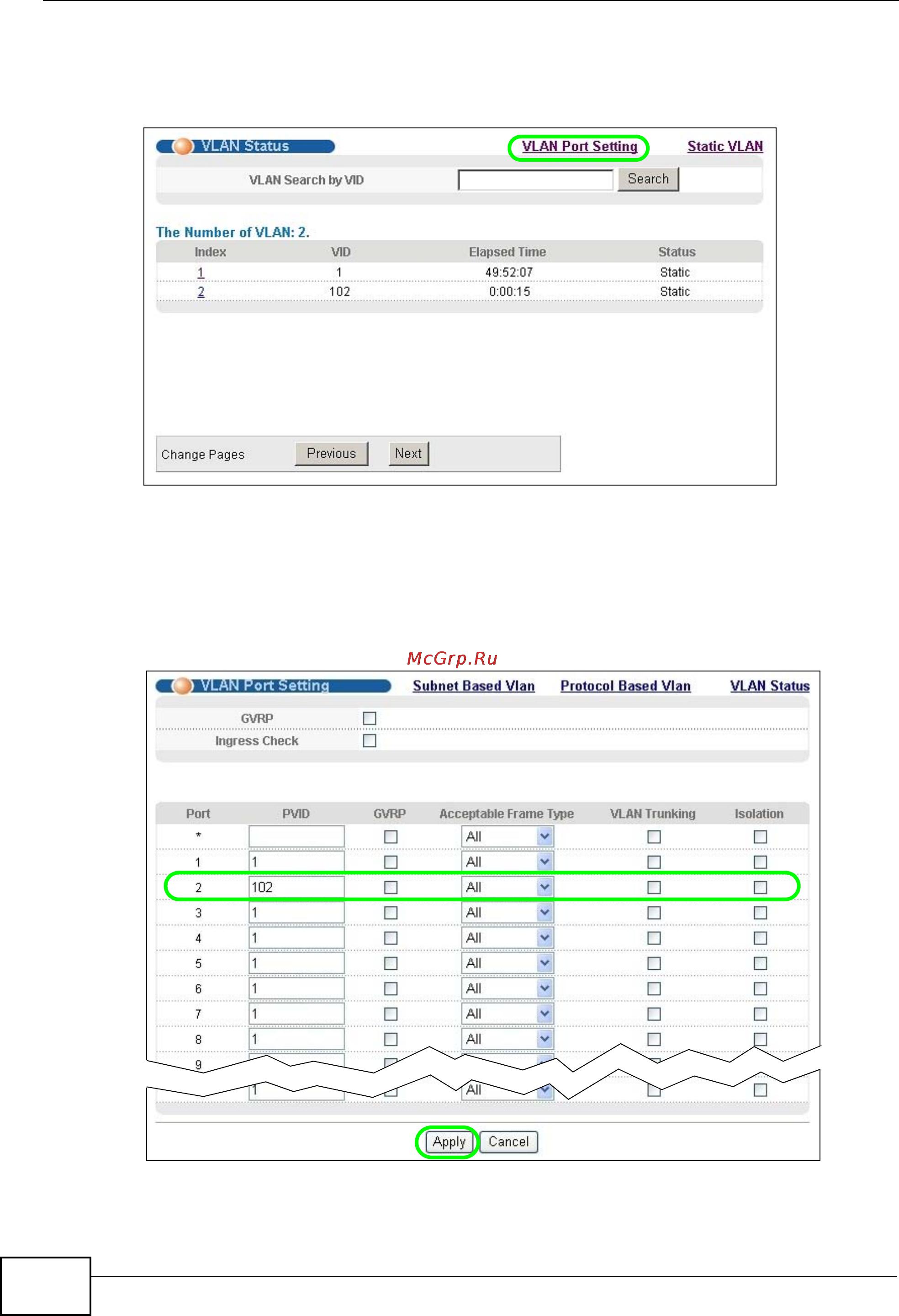 Zyxel GS2200-24P [64/360] Figure 32 tutorial click the vlan port setting link