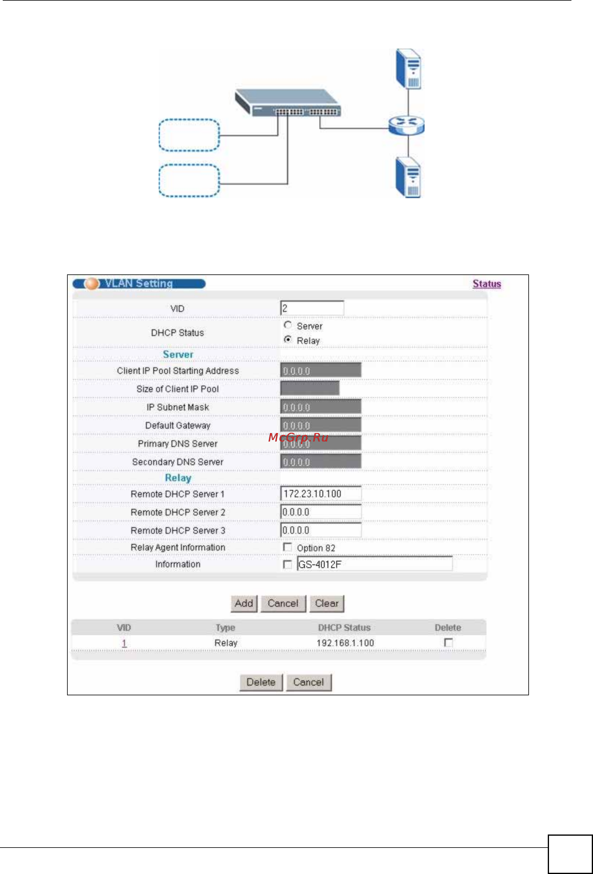Zyxel GS-4024 [295/526] Для показанного примера настройки на экране vlan setting должны быть следующими