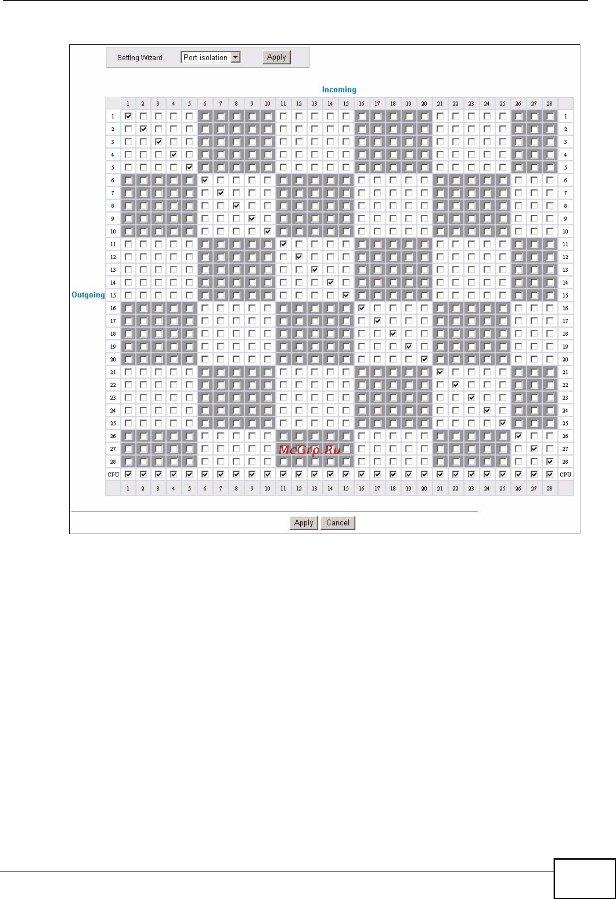 Zyxel MES-3728 [113/388] Figure 57 port based vlan setup port isolation