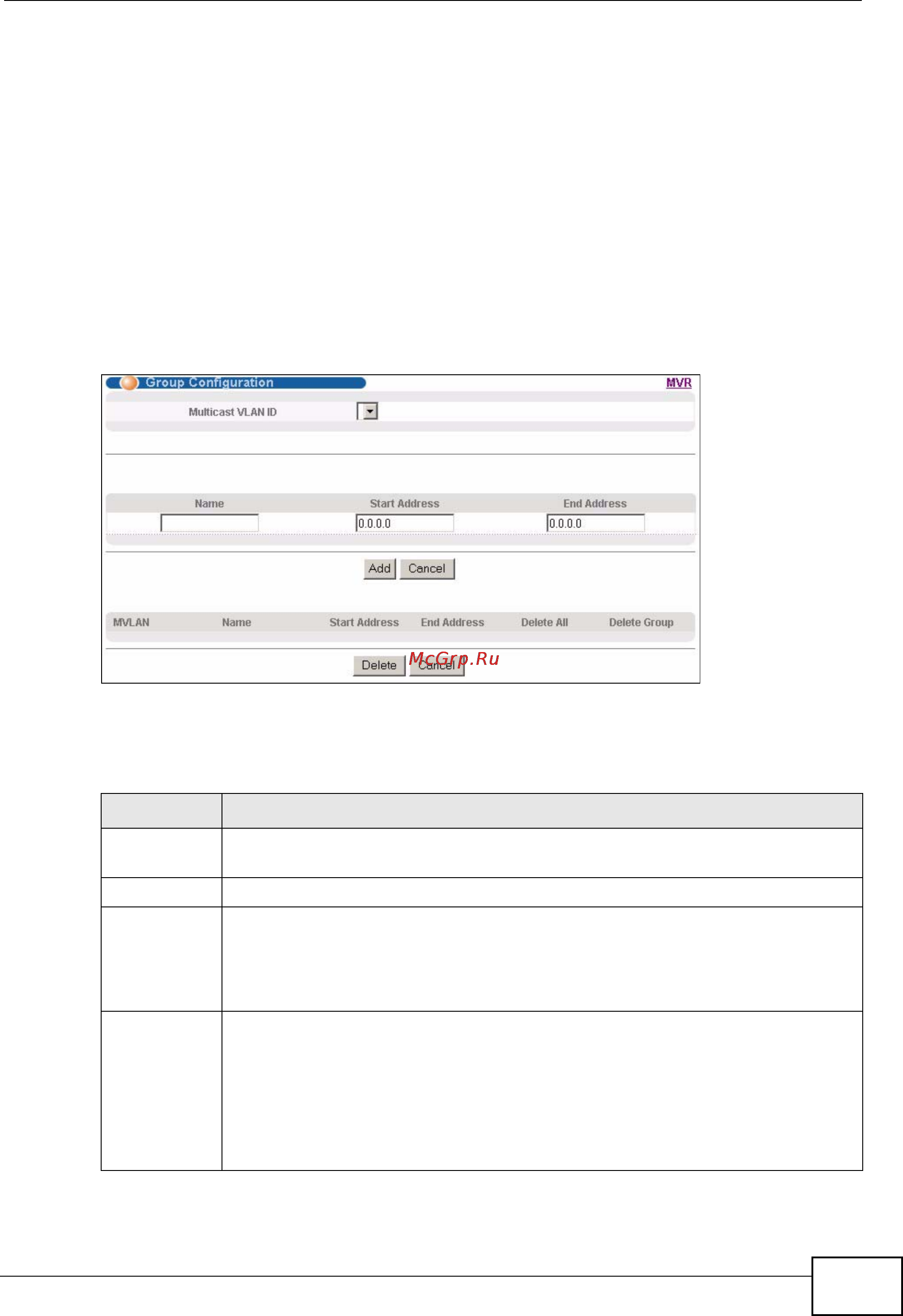 Zyxel MES-3728 [217/388] Note a port can belong to more than one multicast vlan however ip multicast group addresses in different multicast vlans cannot overlap
