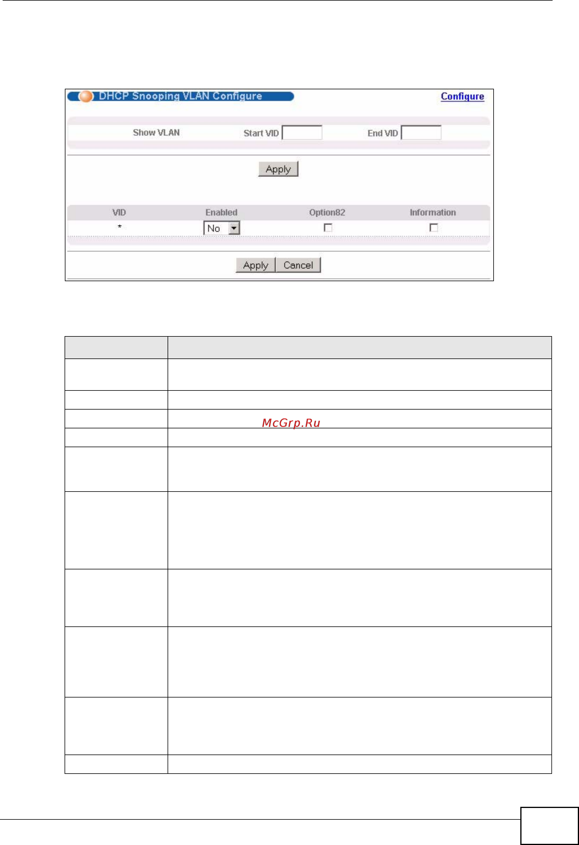 Zyxel MES-3728 [251/388] Figure 127 dhcp snooping vlan configure