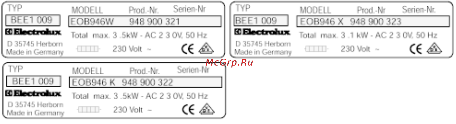 Electrolux EOB 946 [29/29] Таблички с техническими характеристиками